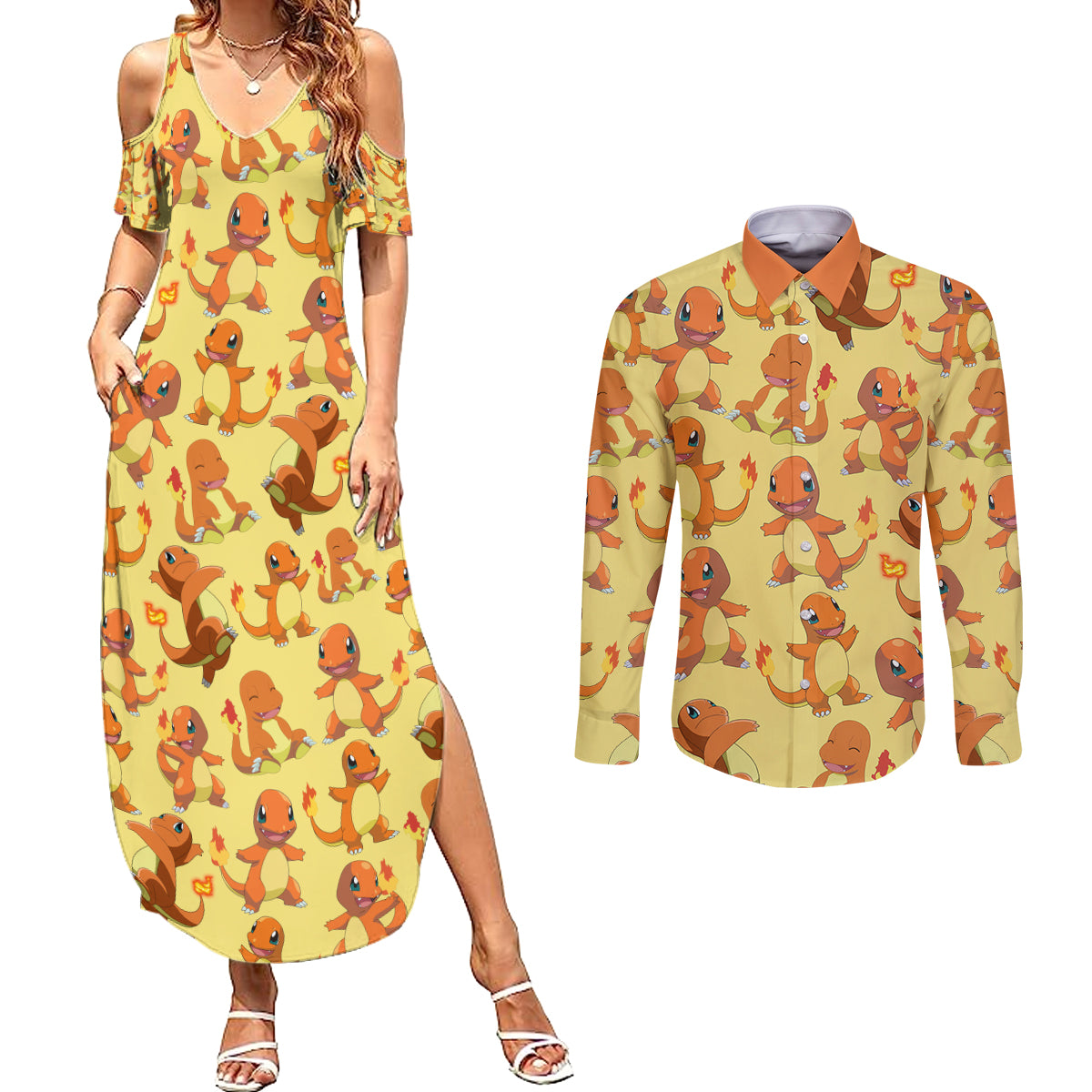 Charmander Pattern Style Couples Matching Summer Maxi Dress and Long Sleeve Button Shirt