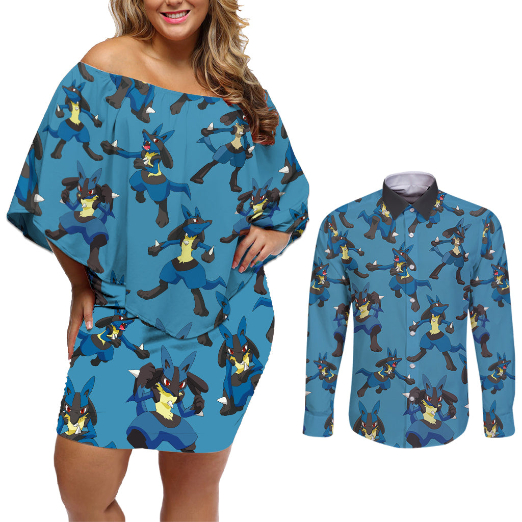 Lucario Pattern Style Couples Matching Off Shoulder Short Dress and Long Sleeve Button Shirt