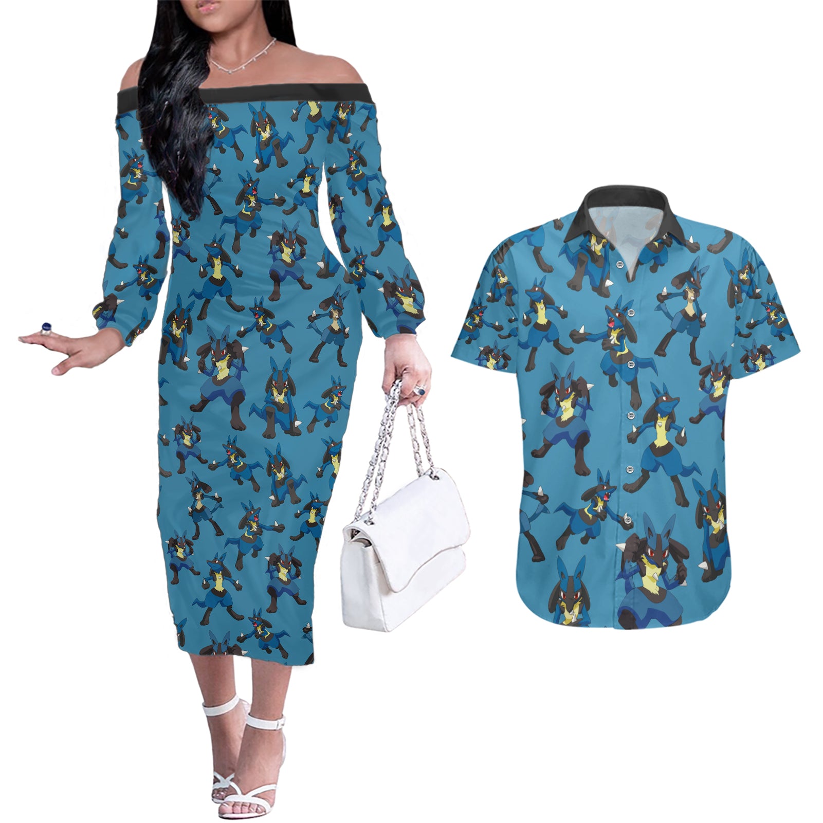 Lucario Pattern Style Couples Matching Off The Shoulder Long Sleeve Dress and Hawaiian Shirt