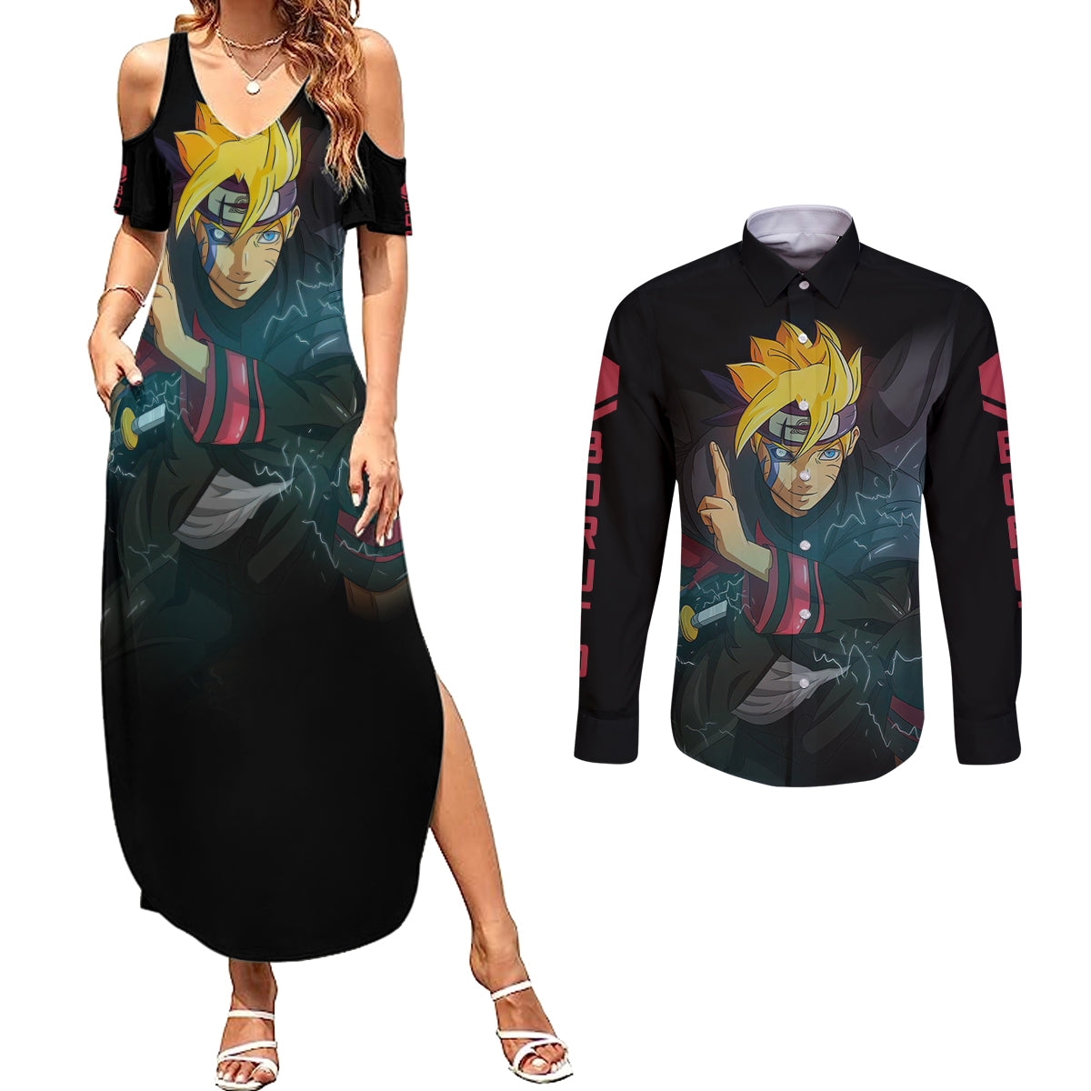 BRT Uzumaki - BRT Anime Couples Matching Summer Maxi Dress and Long Sleeve Button Shirt