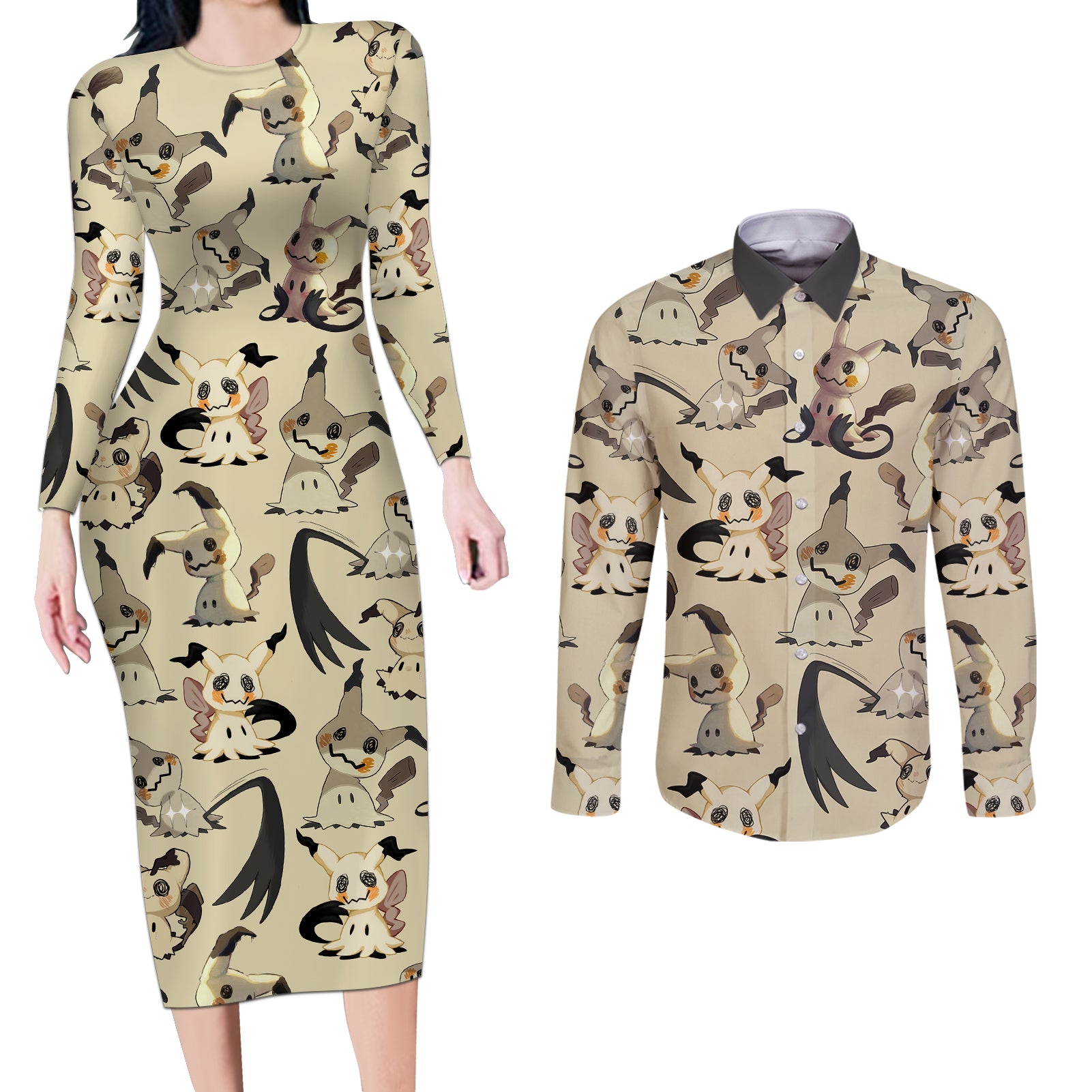 Mimikyu - Pattern Style Couples Matching Long Sleeve Bodycon Dress and Long Sleeve Button Shirt