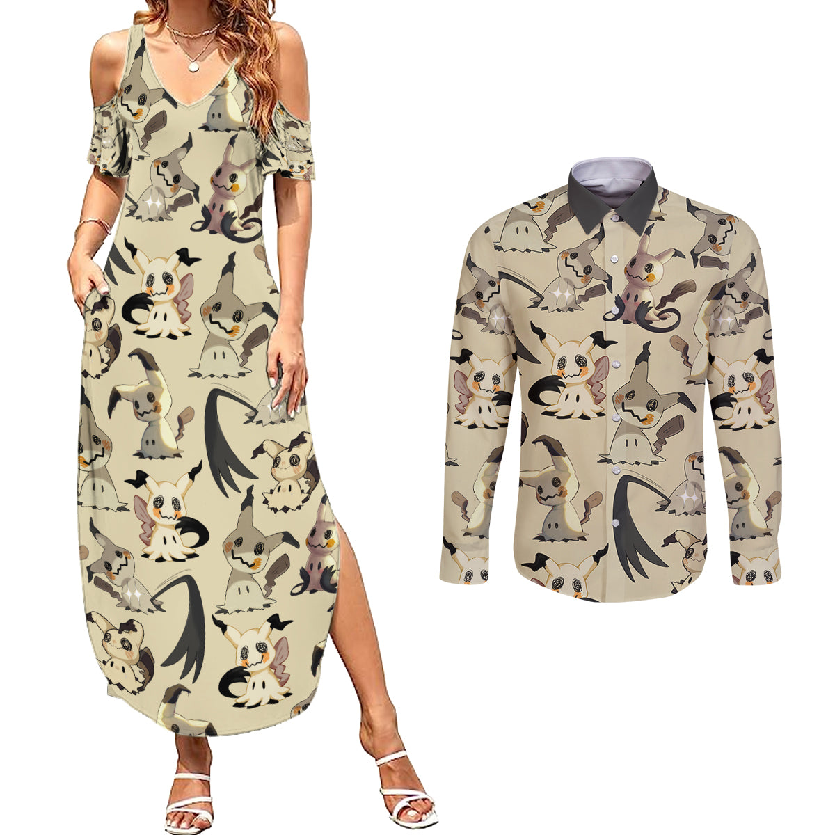 Mimikyu - Pattern Style Couples Matching Summer Maxi Dress and Long Sleeve Button Shirt