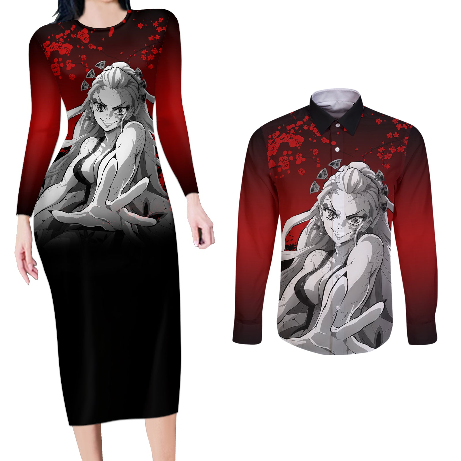 Daki - Japan Art Couples Matching Long Sleeve Bodycon Dress and Long Sleeve Button Shirt