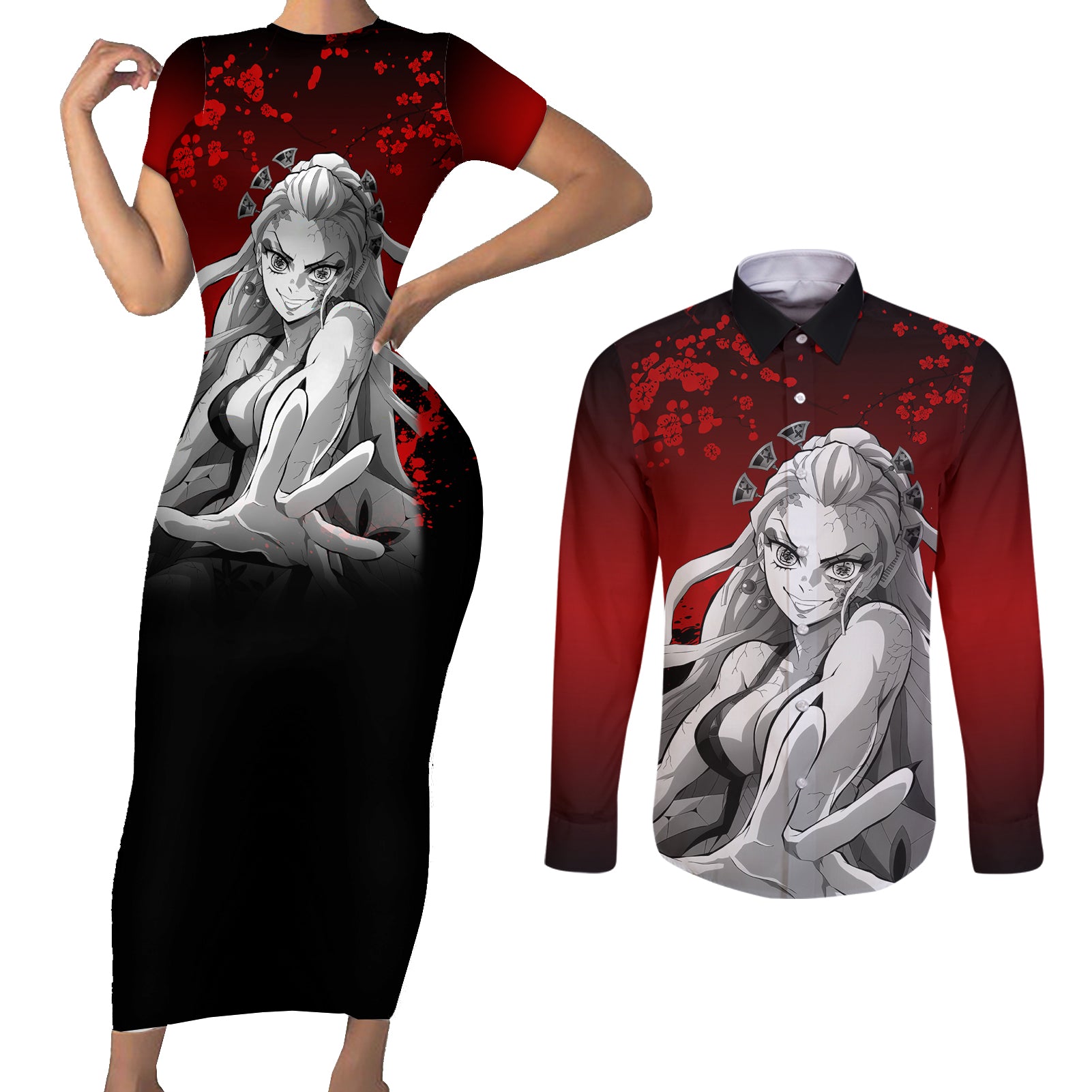 Daki - Japan Art Couples Matching Short Sleeve Bodycon Dress and Long Sleeve Button Shirt