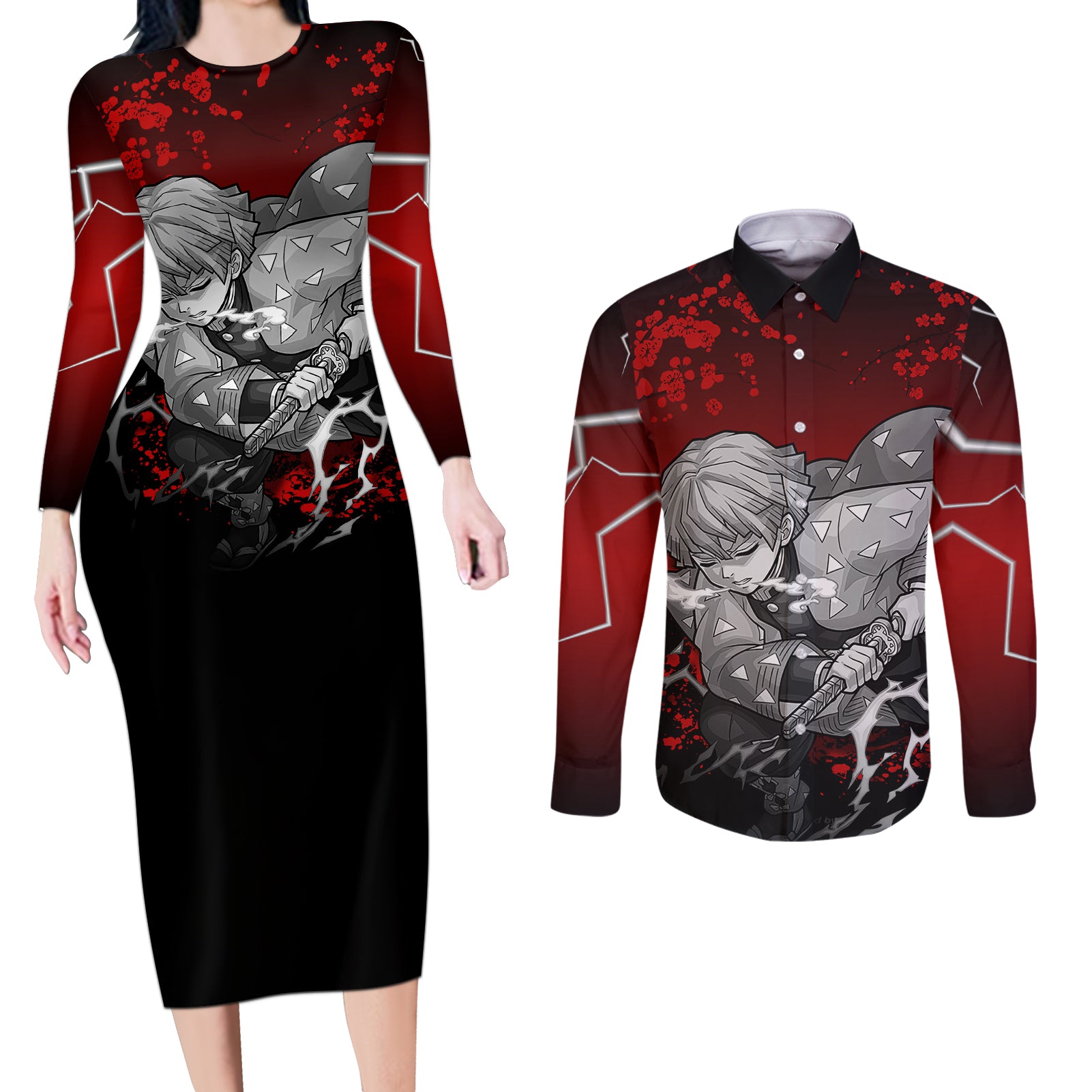 Zenitsu - Japan Art Couples Matching Long Sleeve Bodycon Dress and Long Sleeve Button Shirt