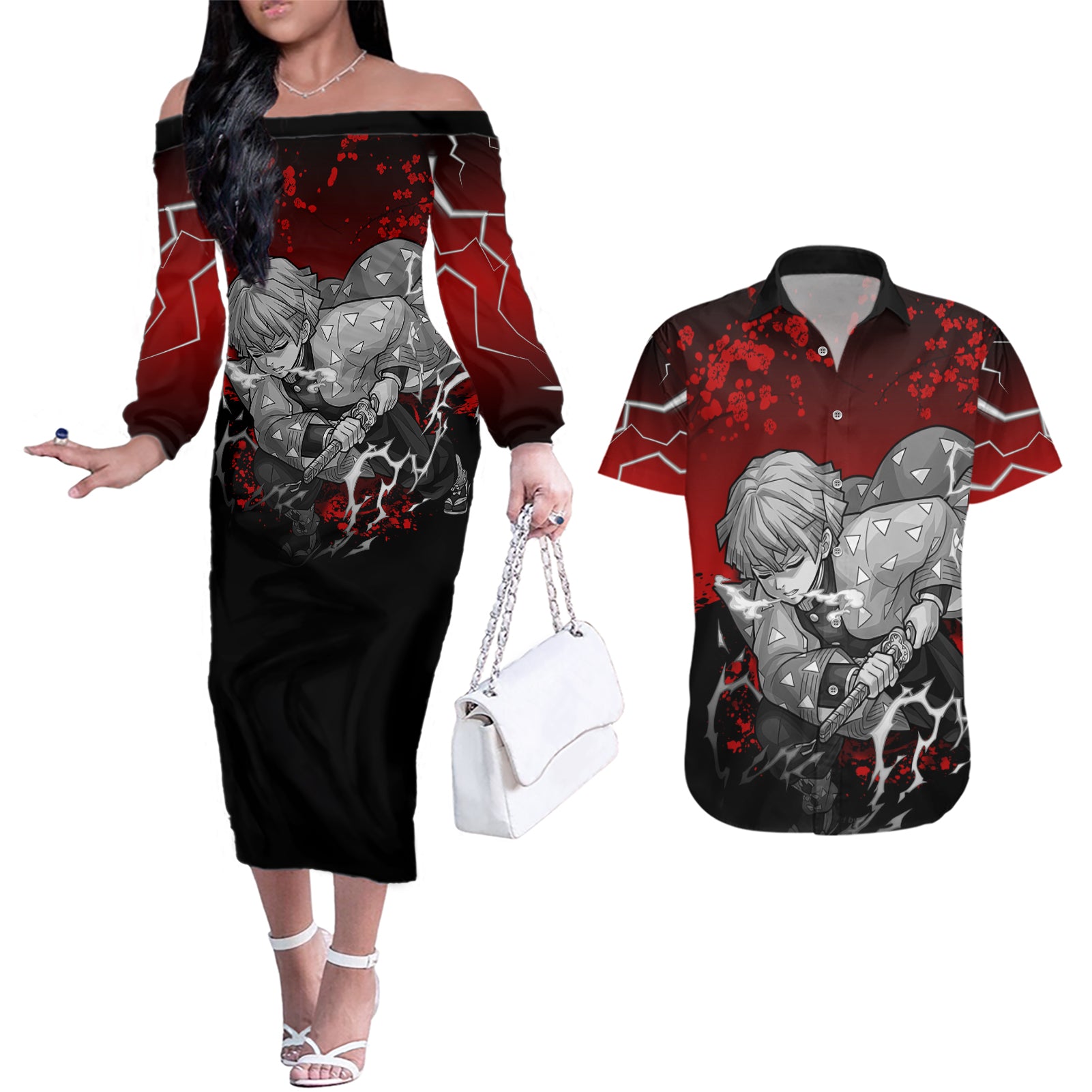 Zenitsu - Japan Art Couples Matching Off The Shoulder Long Sleeve Dress and Hawaiian Shirt