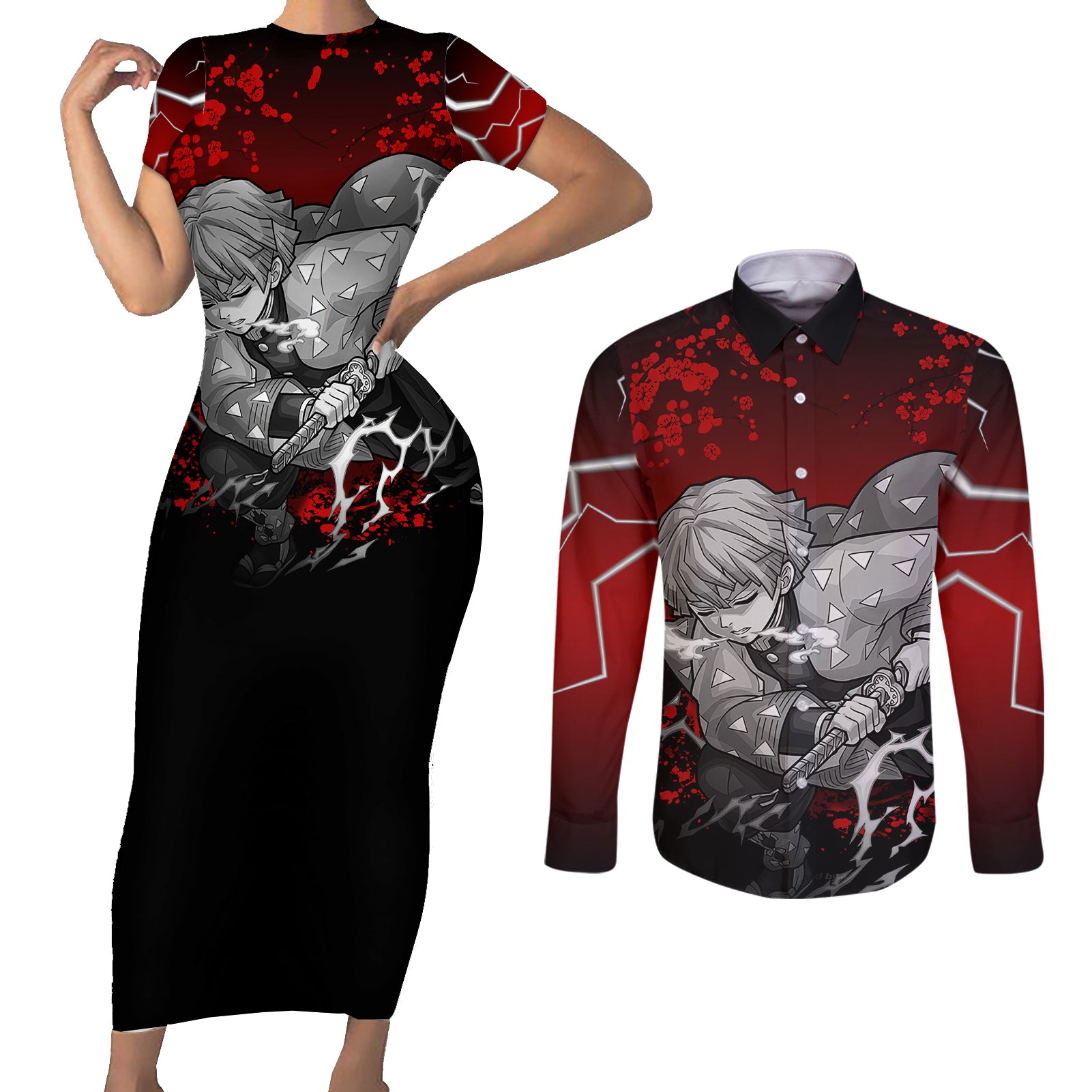 Zenitsu - Japan Art Couples Matching Short Sleeve Bodycon Dress and Long Sleeve Button Shirt