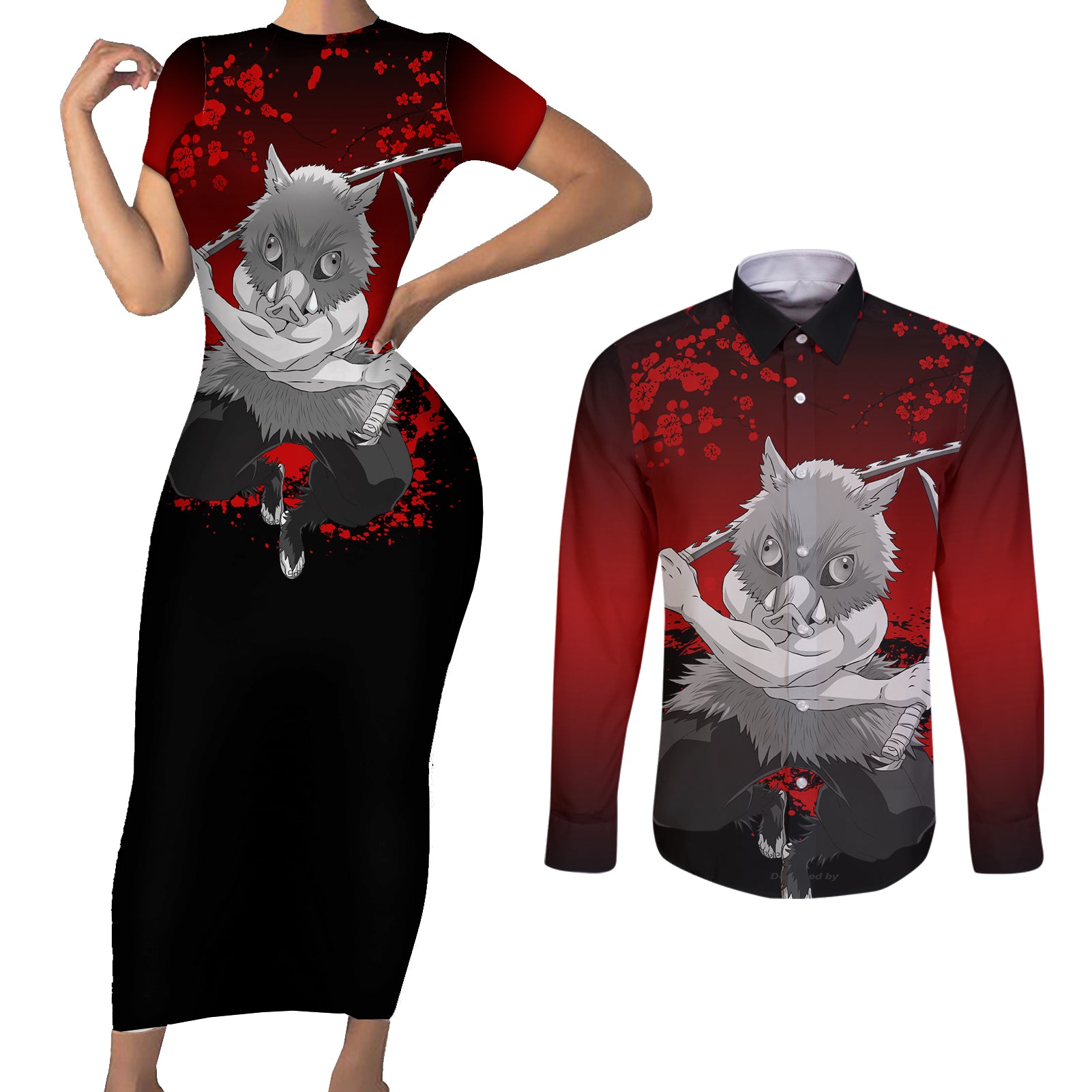 Inosuke - Japan Art Couples Matching Short Sleeve Bodycon Dress and Long Sleeve Button Shirt