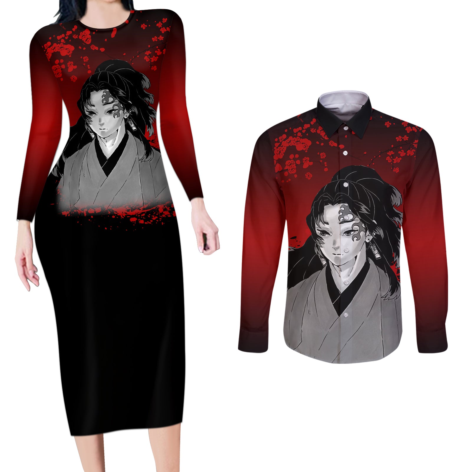 Yoriichi Tsugikuni - Japan Art Couples Matching Long Sleeve Bodycon Dress and Long Sleeve Button Shirt