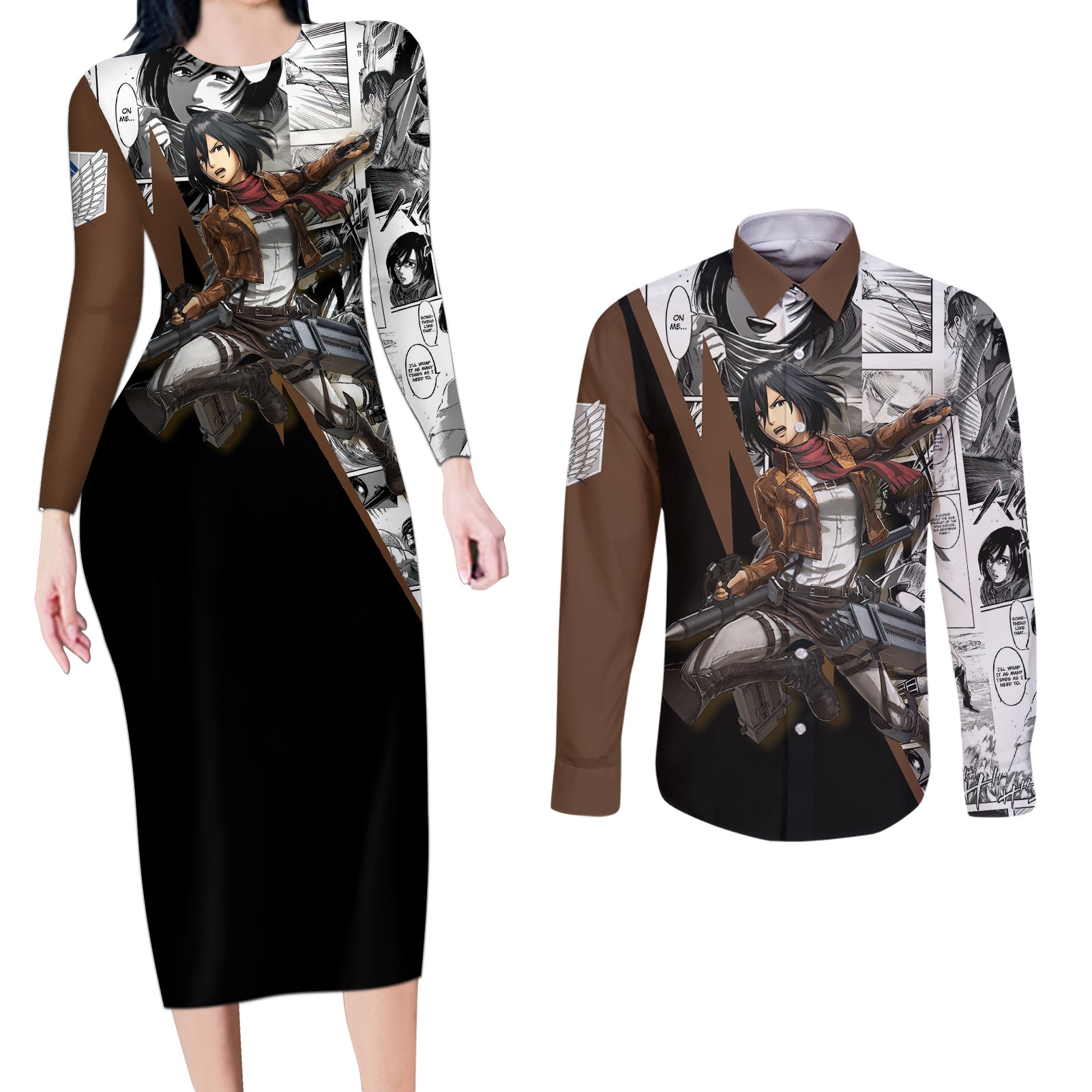 Mikasa Ackerman - Manga Style Couples Matching Long Sleeve Bodycon Dress and Long Sleeve Button Shirt