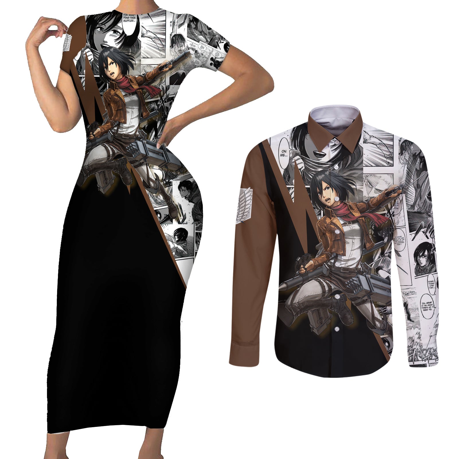 Mikasa Ackerman - Manga Style Couples Matching Short Sleeve Bodycon Dress and Long Sleeve Button Shirt