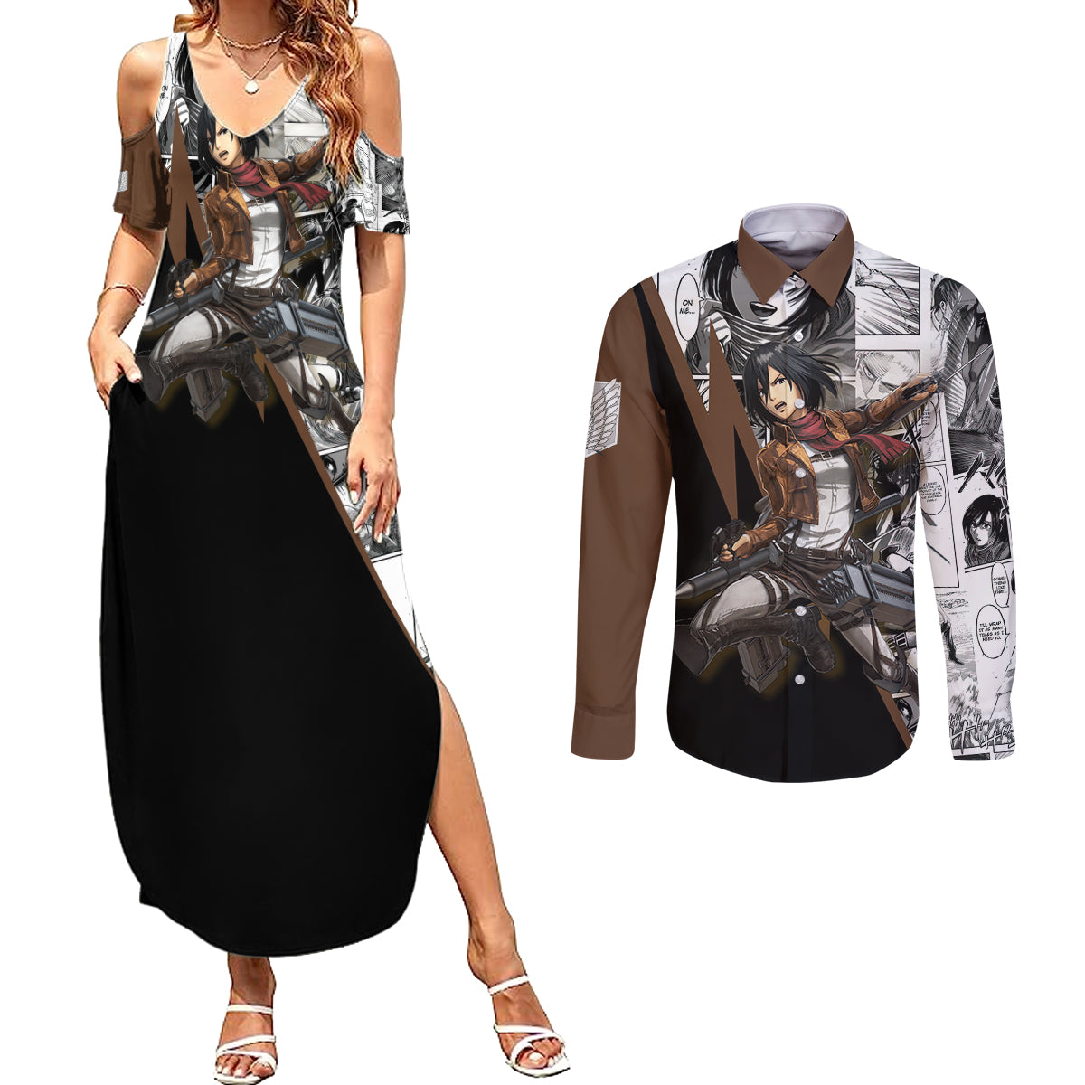 Mikasa Ackerman - Manga Style Couples Matching Summer Maxi Dress and Long Sleeve Button Shirt