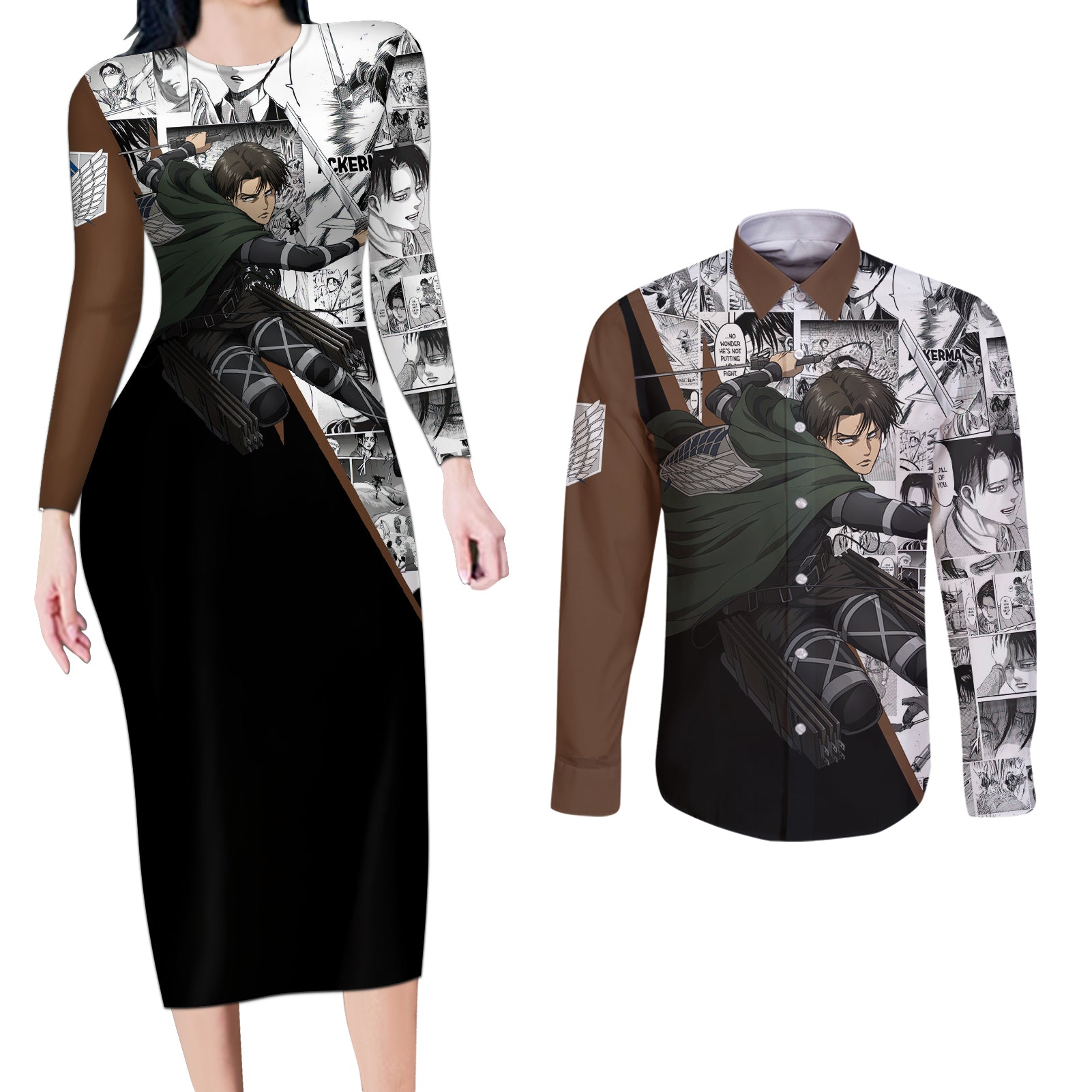 Levi Ackerman - Manga Style Couples Matching Long Sleeve Bodycon Dress and Long Sleeve Button Shirt