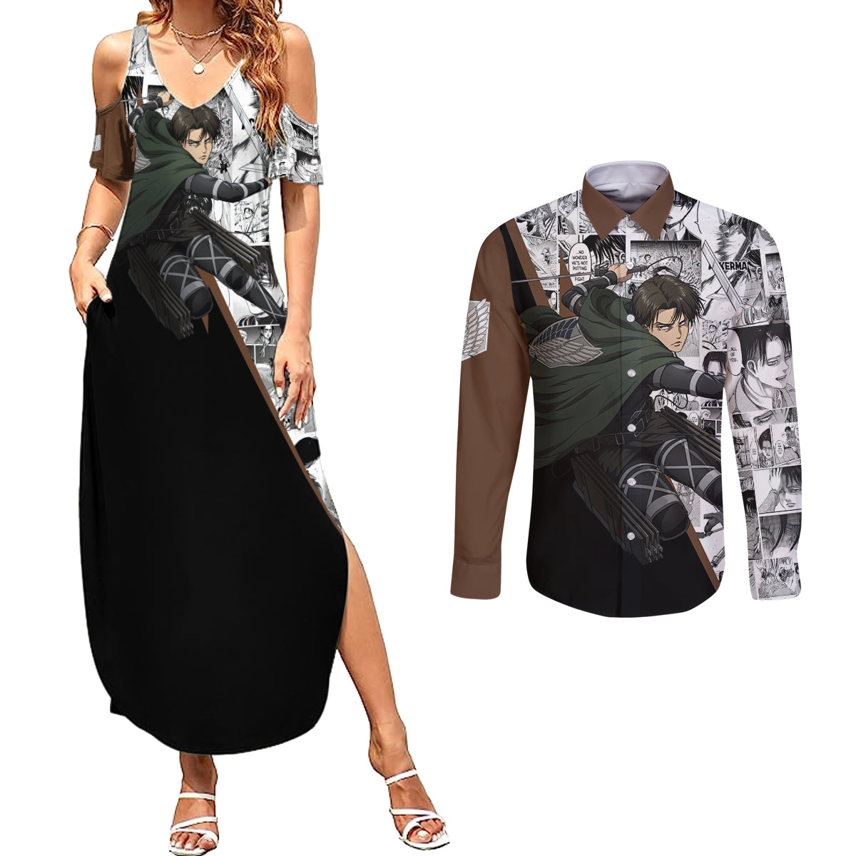 Levi Ackerman - Manga Style Couples Matching Summer Maxi Dress and Long Sleeve Button Shirt