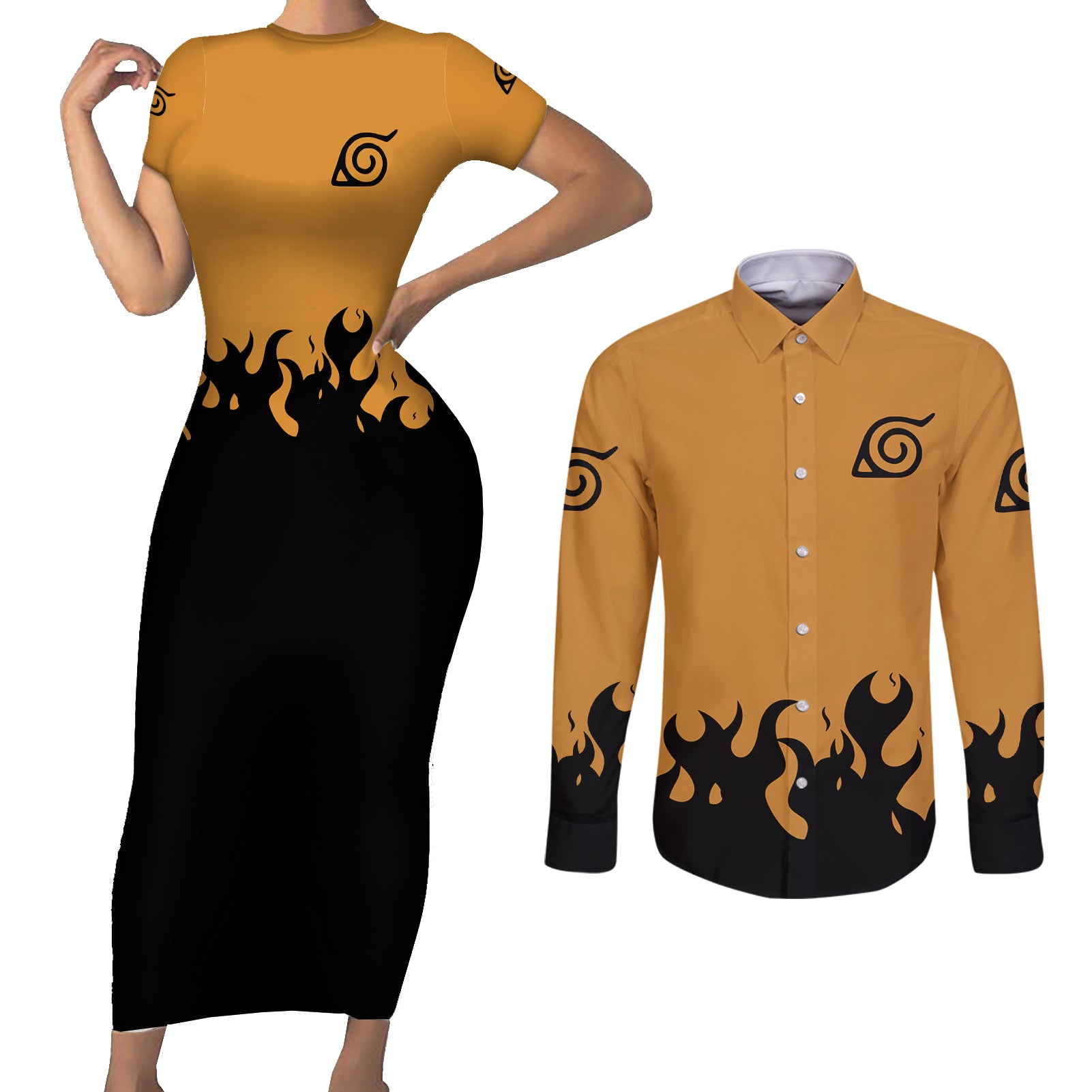 Kurama Sealing Eight Trigrams Symbol Couples Matching Short Sleeve Bodycon Dress and Long Sleeve Button Shirt Naruto