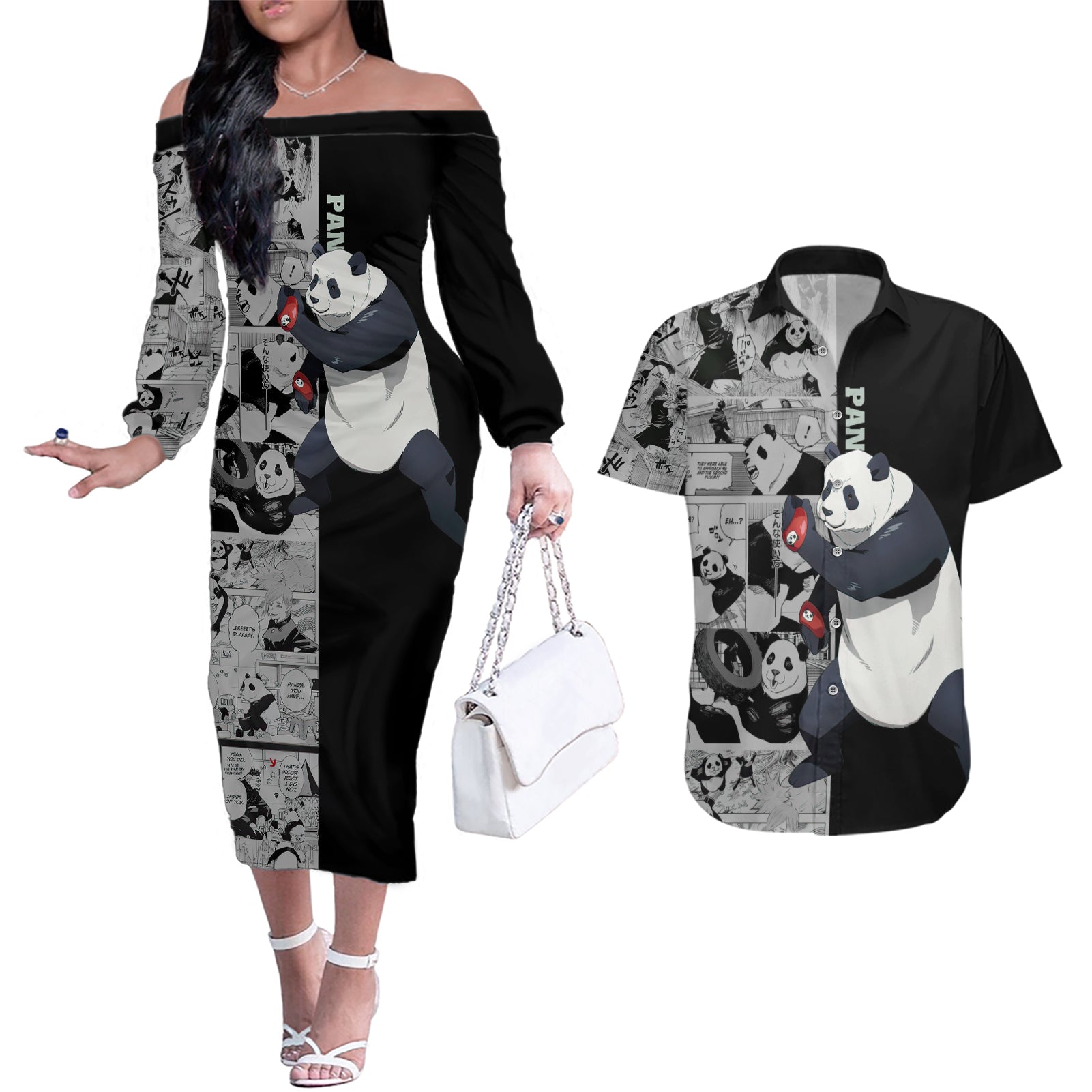 Panda Couples Matching Off The Shoulder Long Sleeve Dress and Hawaiian Shirt Jujustu Kaisen