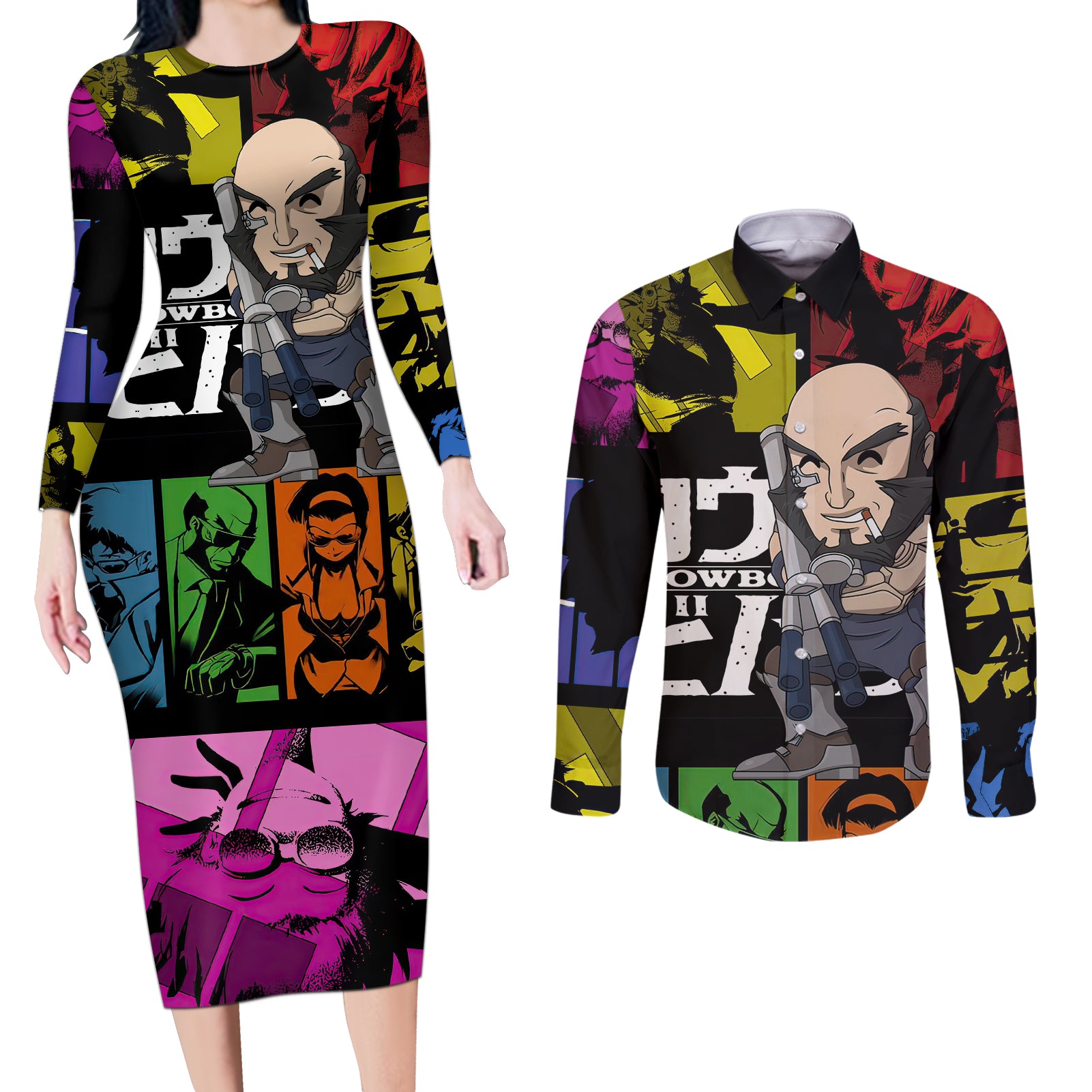 Black Jet Couples Matching Long Sleeve Bodycon Dress and Long Sleeve Button Shirt