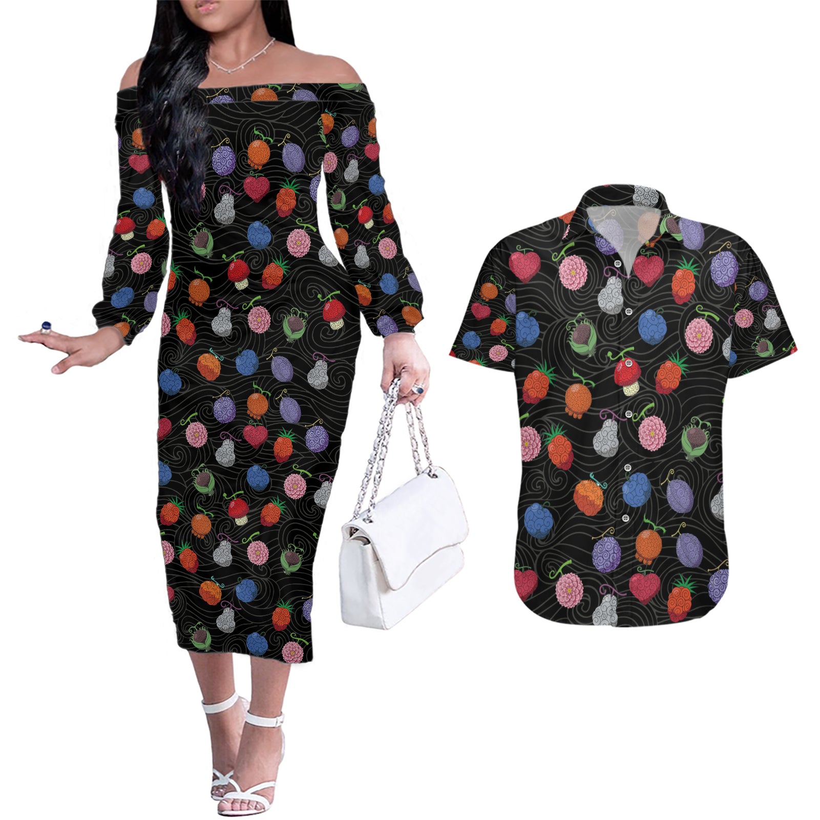 Devil Fruits Couples Matching Off The Shoulder Long Sleeve Dress and Hawaiian Shirt One Piece