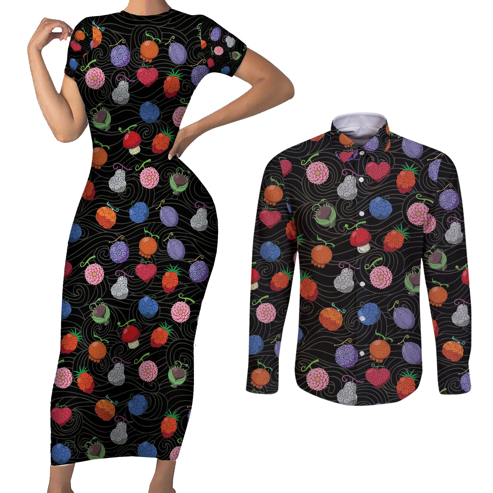 Devil Fruits Couples Matching Short Sleeve Bodycon Dress and Long Sleeve Button Shirt One Piece