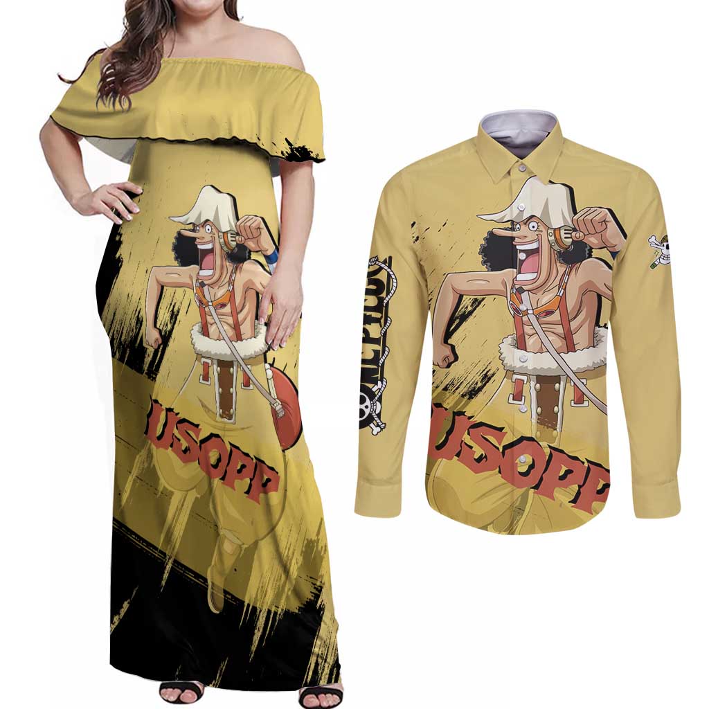 Usopp - One Piece Couples Matching Off Shoulder Maxi Dress and Long Sleeve Button Shirt Anime Style