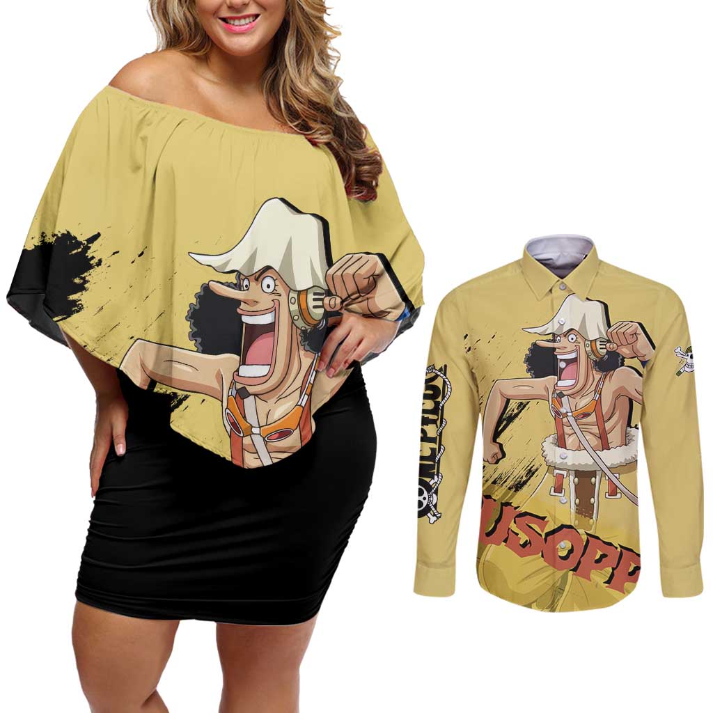 Usopp - One Piece Couples Matching Off Shoulder Short Dress and Long Sleeve Button Shirt Anime Style