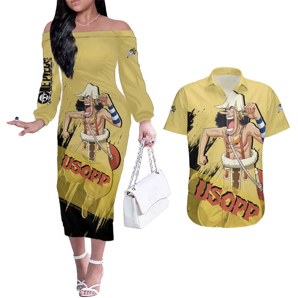 Usopp - One Piece Couples Matching Off The Shoulder Long Sleeve Dress and Hawaiian Shirt Anime Style