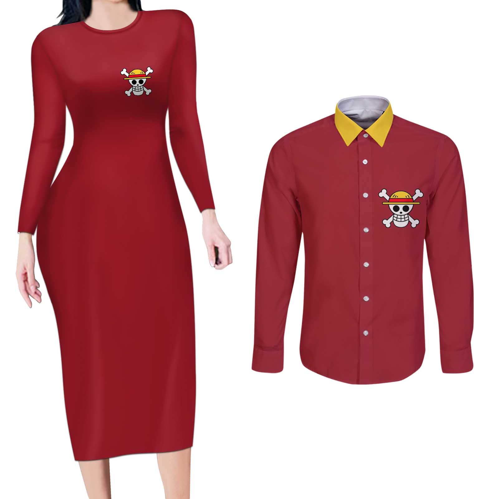 Monkey D. Luffy - One Piece Couples Matching Long Sleeve Bodycon Dress and Long Sleeve Button Shirt Anime Uniform Style