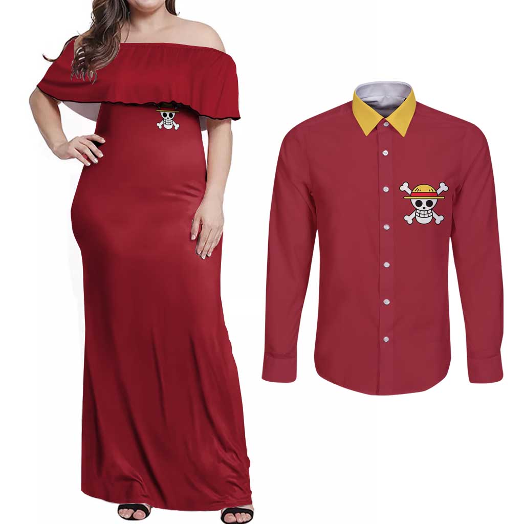 Monkey D. Luffy - One Piece Couples Matching Off Shoulder Maxi Dress and Long Sleeve Button Shirt Anime Uniform Style
