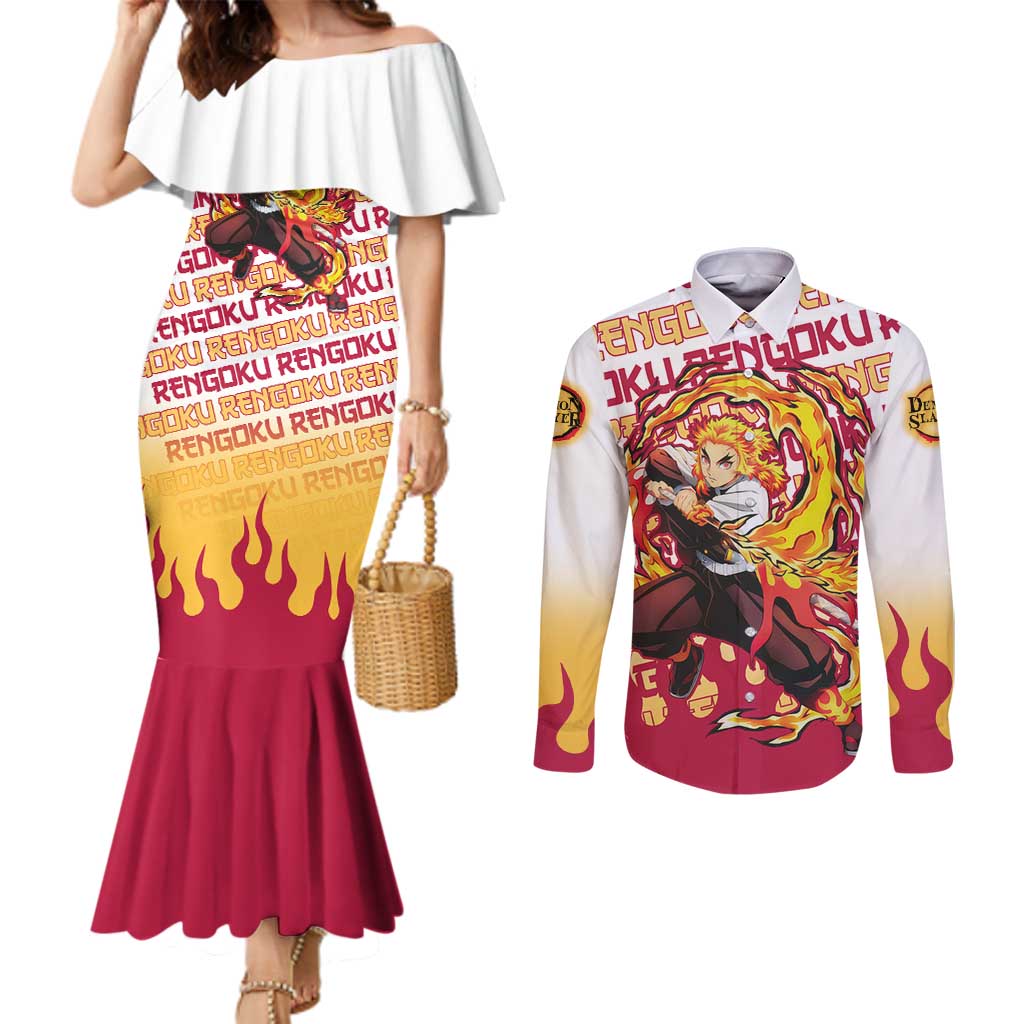 Kyojuro Rengoku - Demon Slayer Couples Matching Mermaid Dress and Long Sleeve Button Shirt Anime Mix Pattern Style