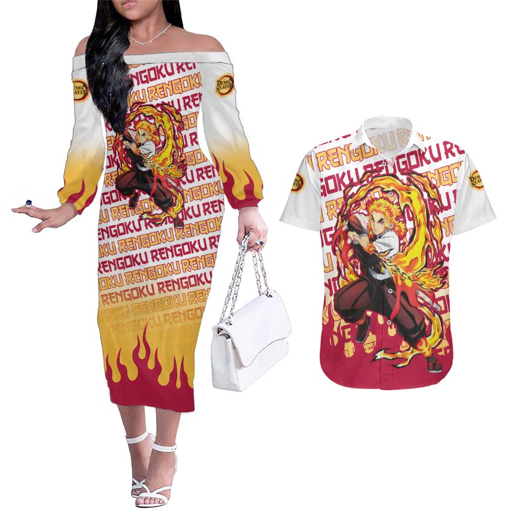 Kyojuro Rengoku - Demon Slayer Couples Matching Off The Shoulder Long Sleeve Dress and Hawaiian Shirt Anime Mix Pattern Style