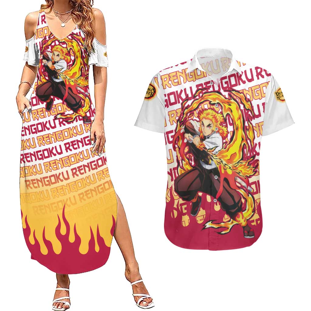 Kyojuro Rengoku - Demon Slayer Couples Matching Summer Maxi Dress and Hawaiian Shirt Anime Mix Pattern Style