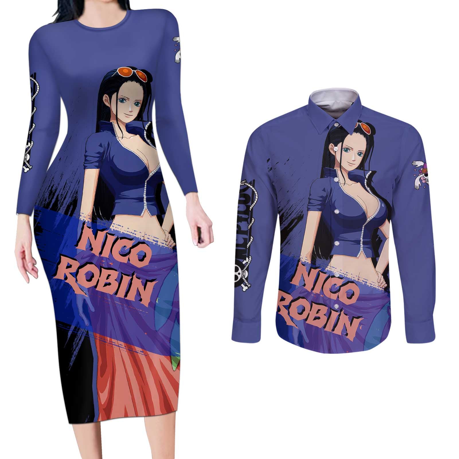 Nico Robin - One Piece Couples Matching Long Sleeve Bodycon Dress and Long Sleeve Button Shirt Anime Style