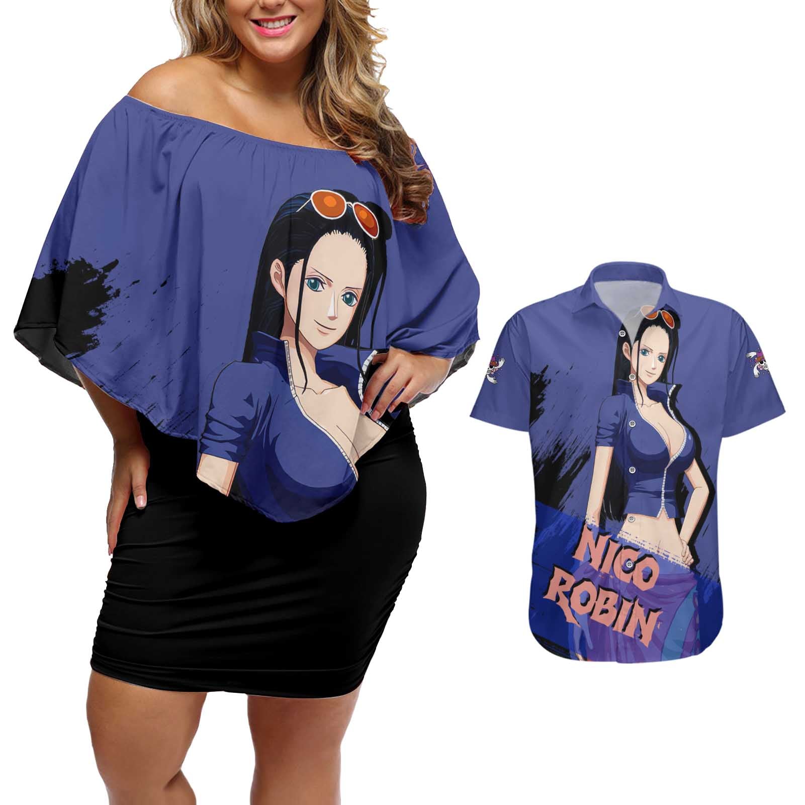 Nico Robin - One Piece Couples Matching Off Shoulder Short Dress and Hawaiian Shirt Anime Style