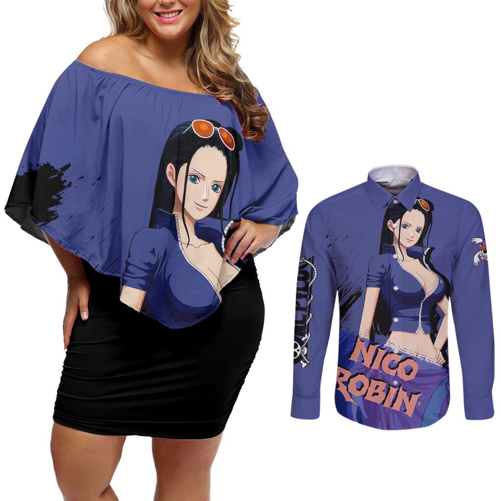 Nico Robin - One Piece Couples Matching Off Shoulder Short Dress and Long Sleeve Button Shirt Anime Style