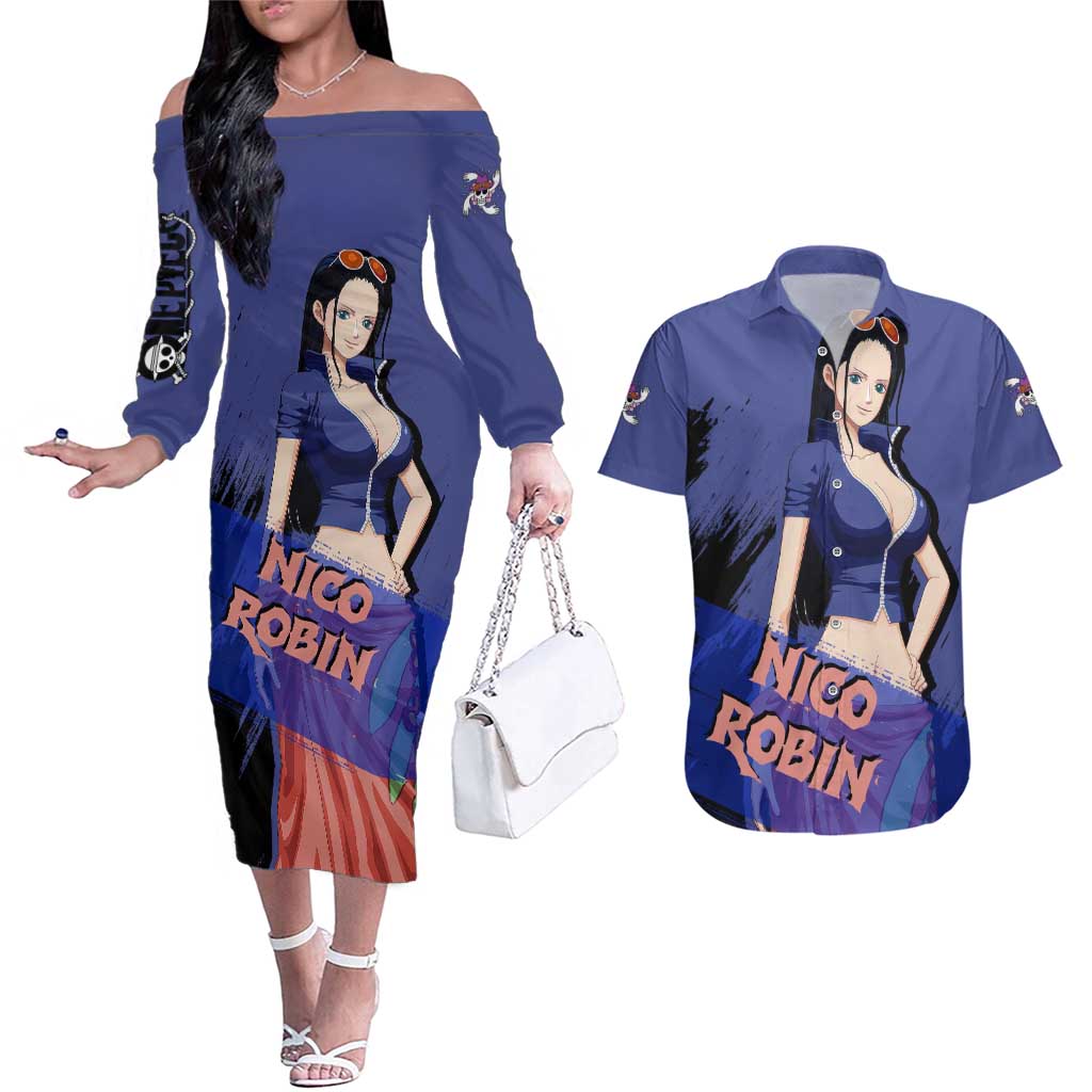 Nico Robin - One Piece Couples Matching Off The Shoulder Long Sleeve Dress and Hawaiian Shirt Anime Style