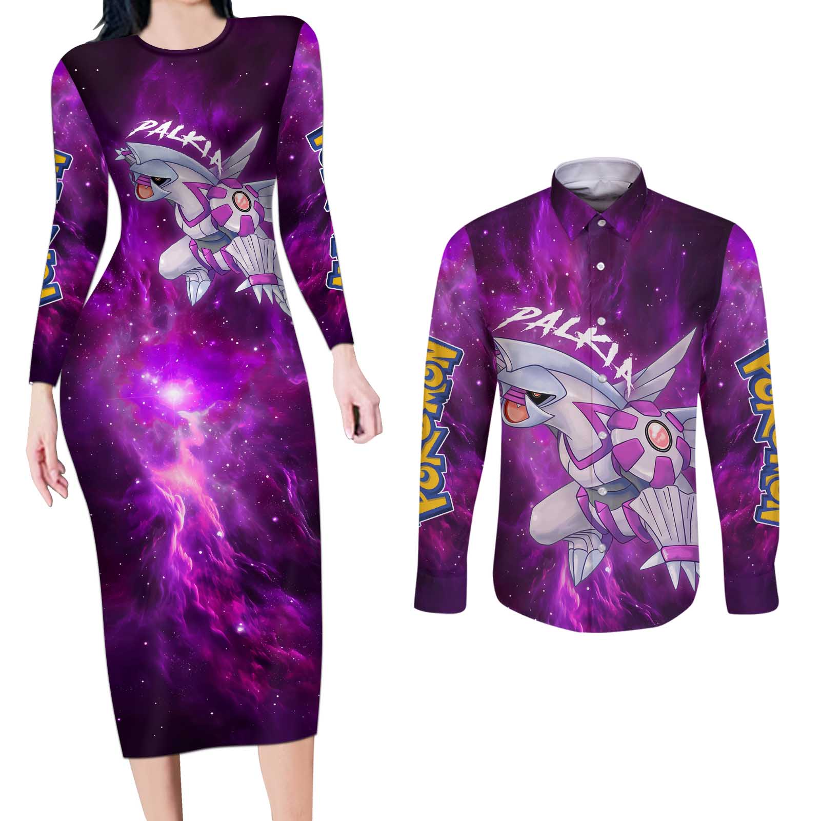 Palkia - Pokemon Couples Matching Long Sleeve Bodycon Dress and Long Sleeve Button Shirt Anime Style