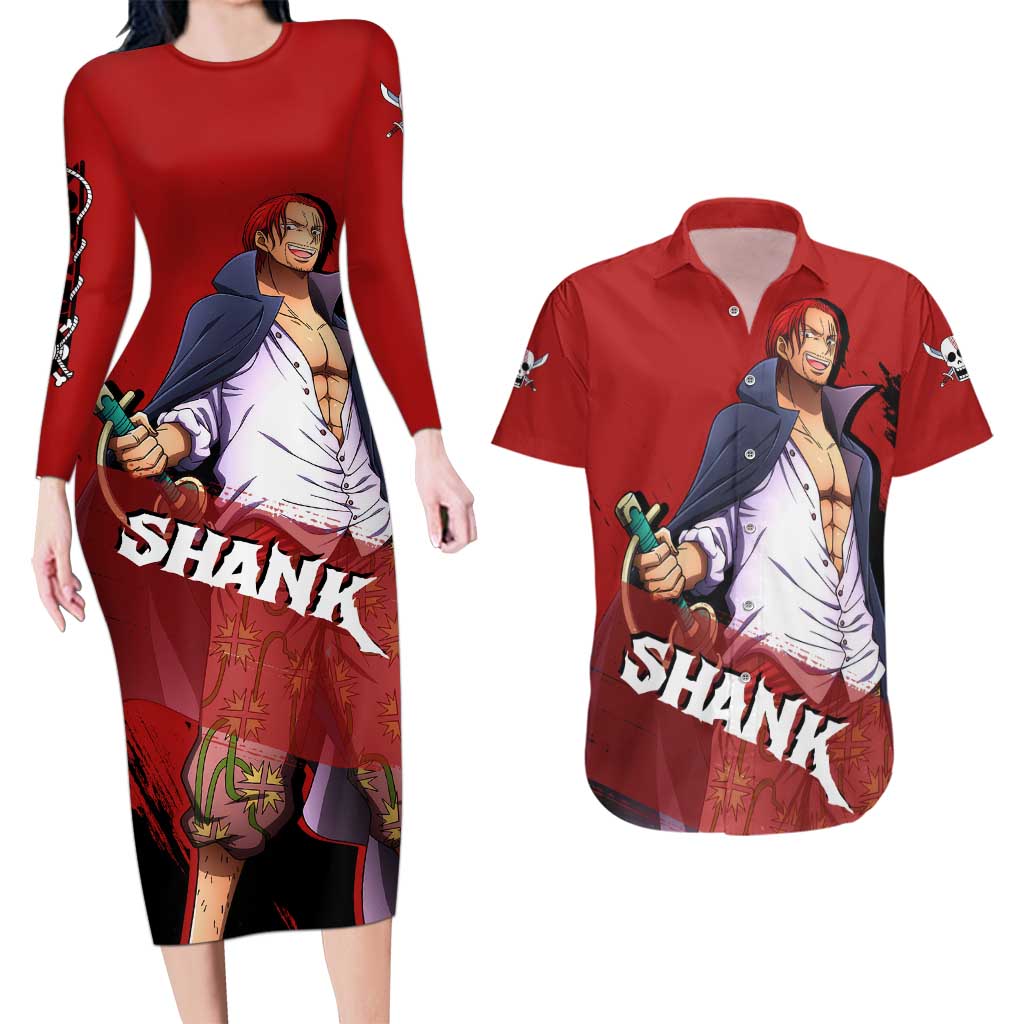 Emperor - Shank - One Piece Couples Matching Long Sleeve Bodycon Dress and Hawaiian Shirt Anime Style