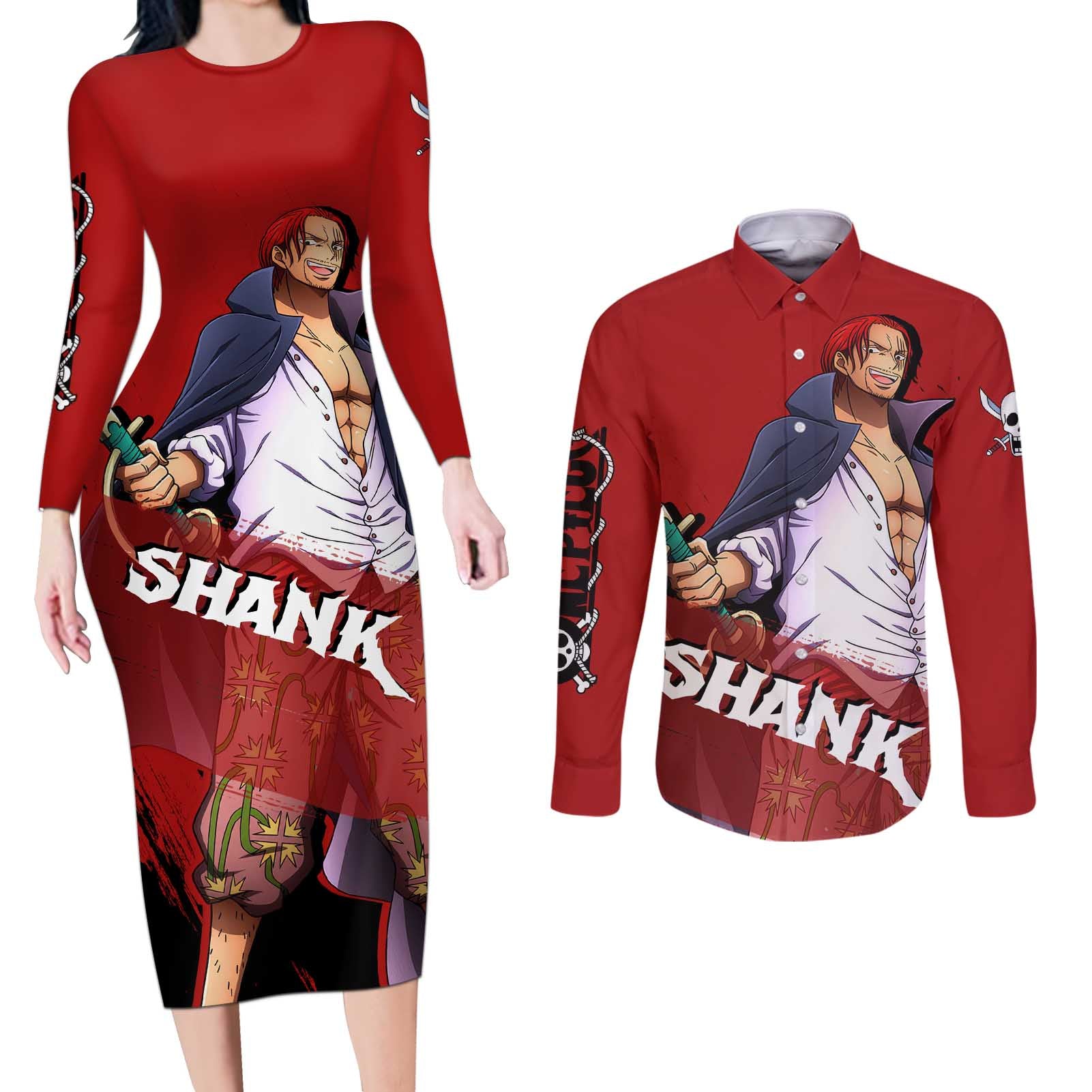 Emperor - Shank - One Piece Couples Matching Long Sleeve Bodycon Dress and Long Sleeve Button Shirt Anime Style
