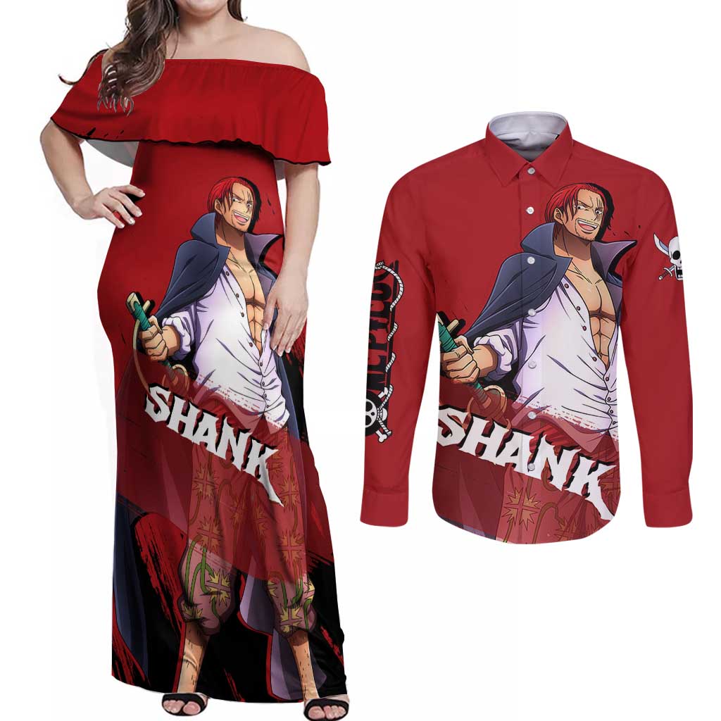 Emperor - Shank - One Piece Couples Matching Off Shoulder Maxi Dress and Long Sleeve Button Shirt Anime Style
