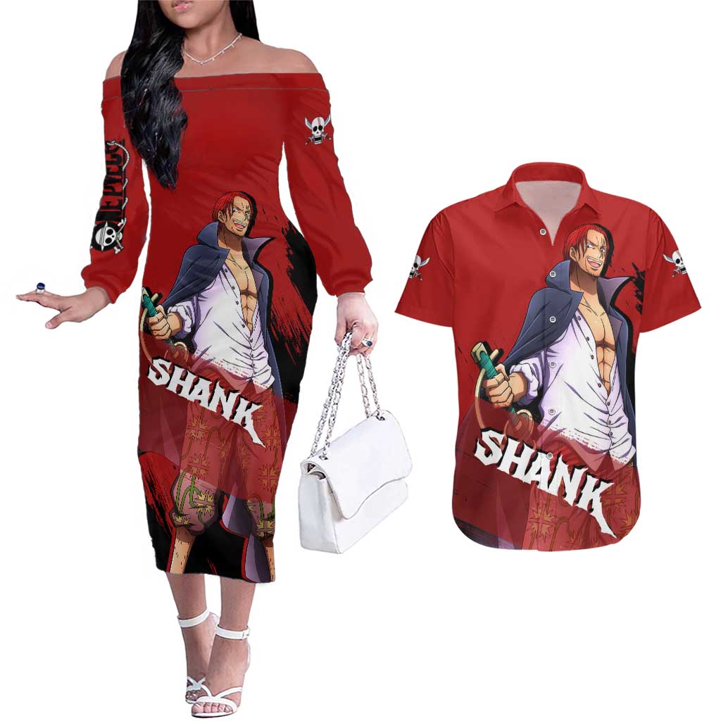 Emperor - Shank - One Piece Couples Matching Off The Shoulder Long Sleeve Dress and Hawaiian Shirt Anime Style