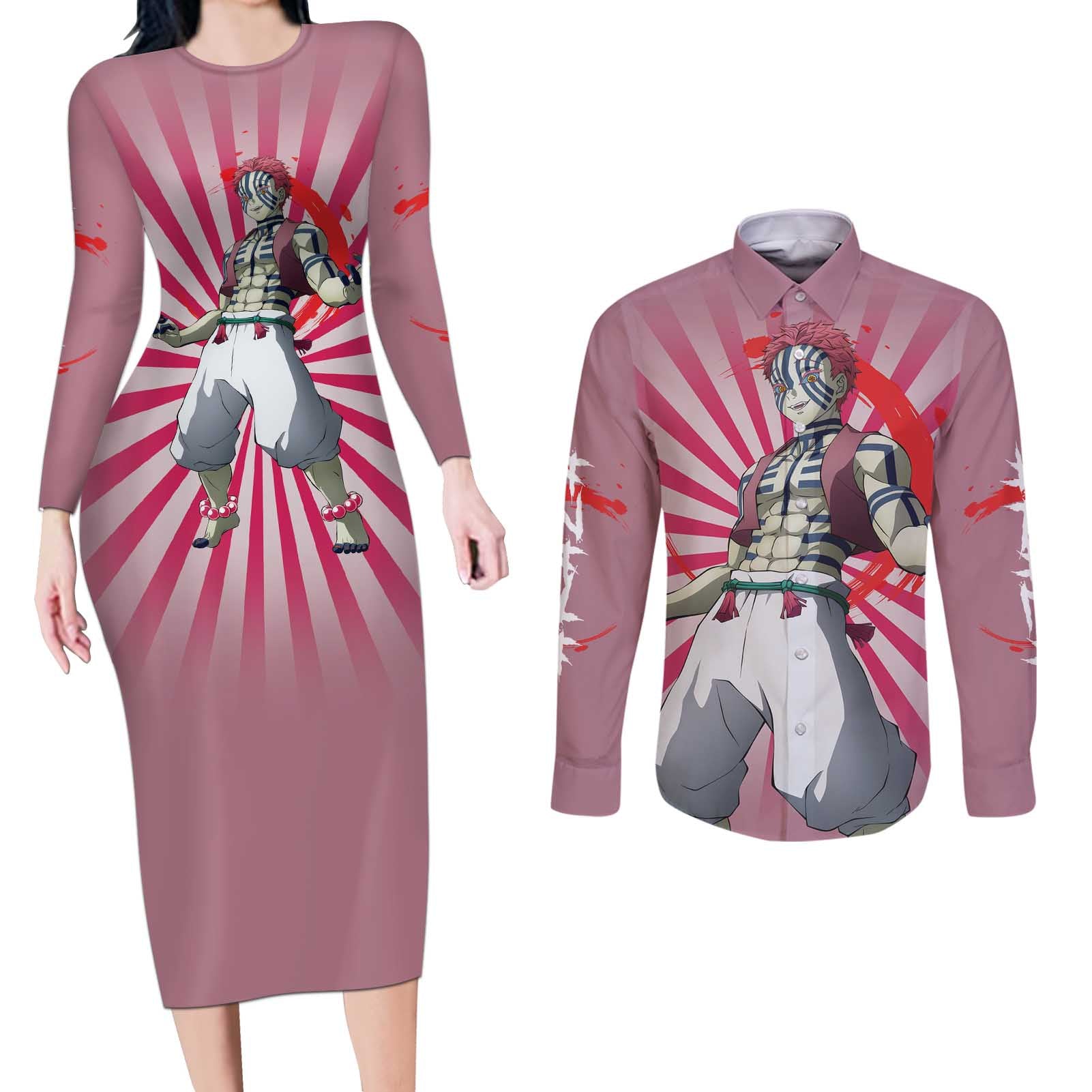 Akaza - Demon Slayer Couples Matching Long Sleeve Bodycon Dress and Long Sleeve Button Shirt Anime Style
