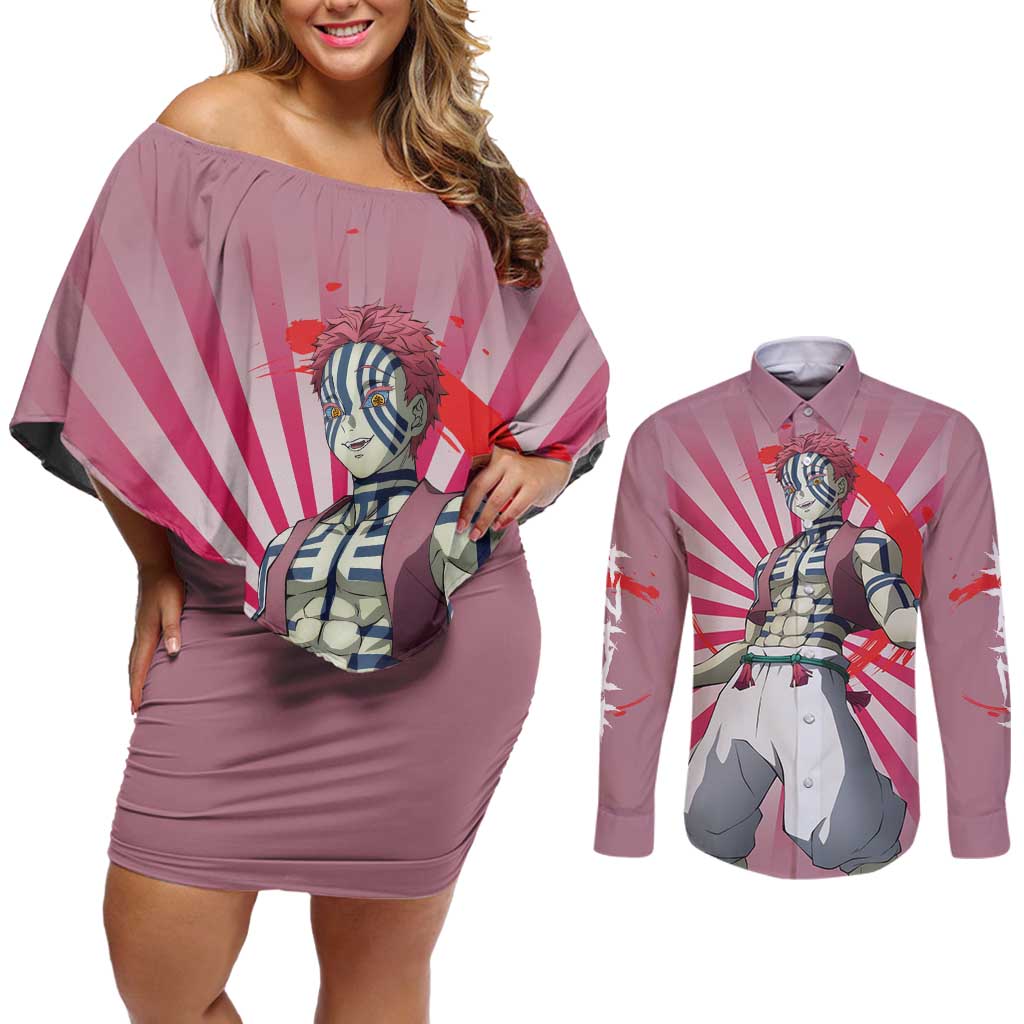 Akaza - Demon Slayer Couples Matching Off Shoulder Short Dress and Long Sleeve Button Shirt Anime Style