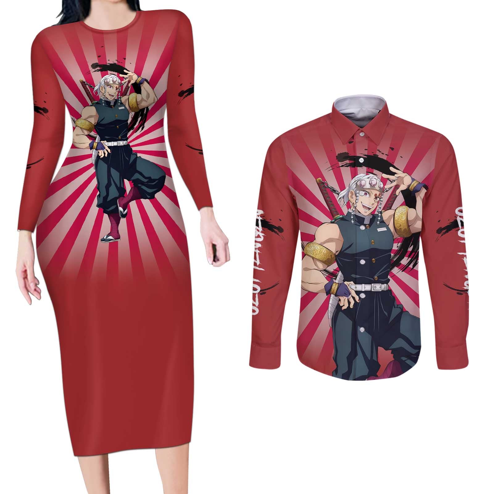 Tengen Uzui - Demon Slayer Couples Matching Long Sleeve Bodycon Dress and Long Sleeve Button Shirt Anime Style