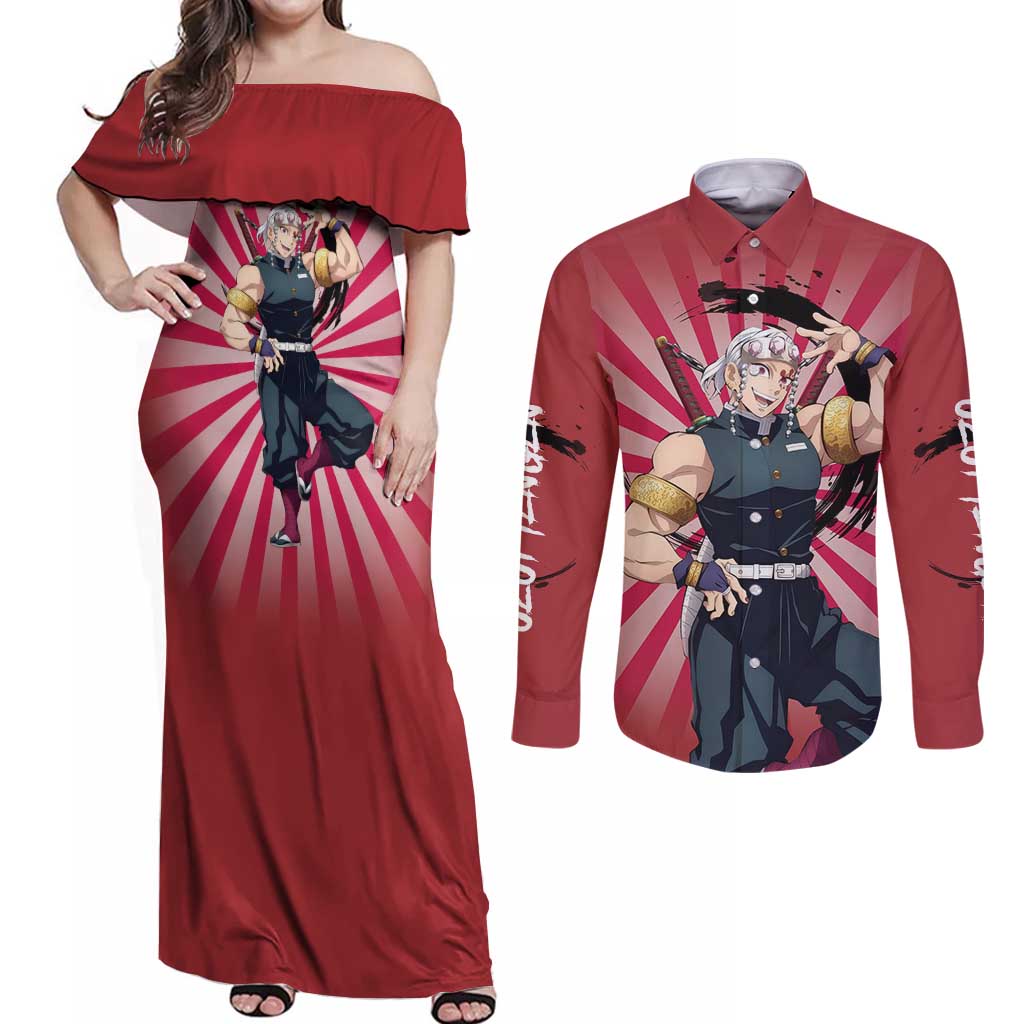 Tengen Uzui - Demon Slayer Couples Matching Off Shoulder Maxi Dress and Long Sleeve Button Shirt Anime Style