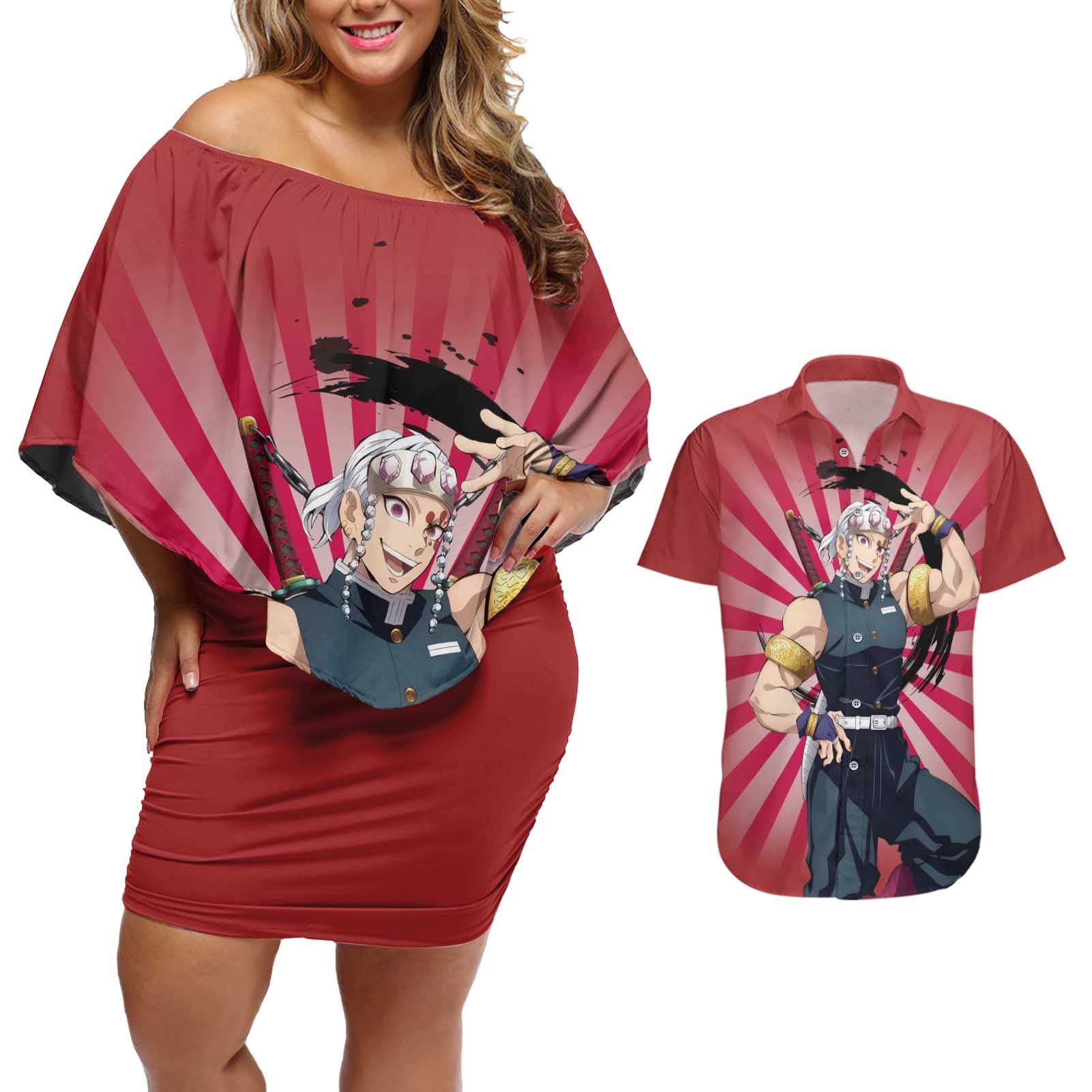 Tengen Uzui - Demon Slayer Couples Matching Off Shoulder Short Dress and Hawaiian Shirt Anime Style