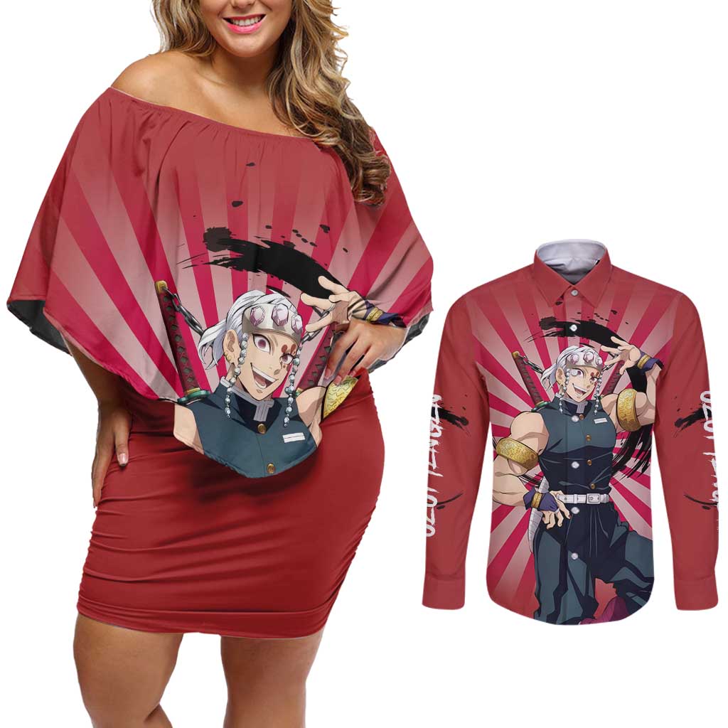 Tengen Uzui - Demon Slayer Couples Matching Off Shoulder Short Dress and Long Sleeve Button Shirt Anime Style