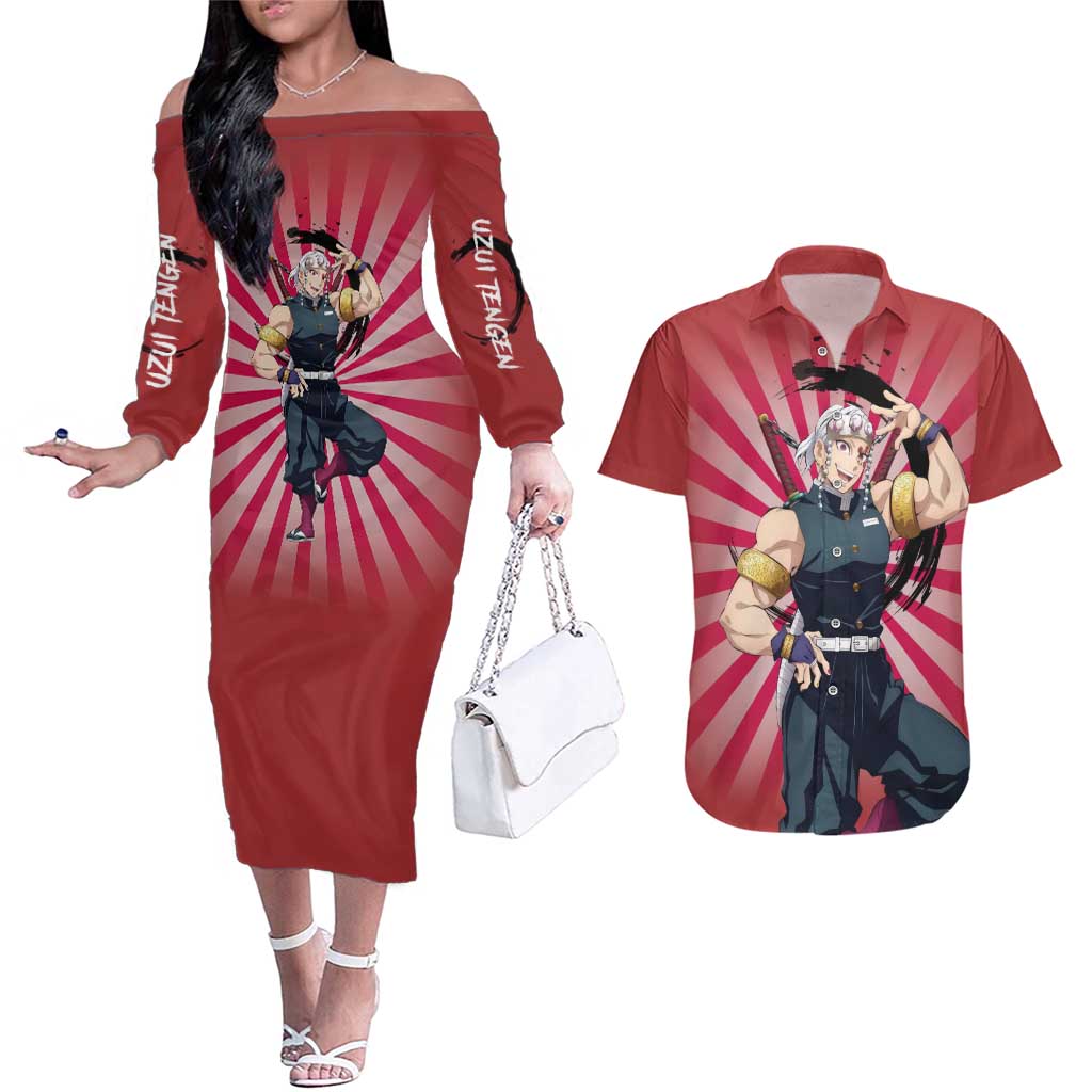 Tengen Uzui - Demon Slayer Couples Matching Off The Shoulder Long Sleeve Dress and Hawaiian Shirt Anime Style