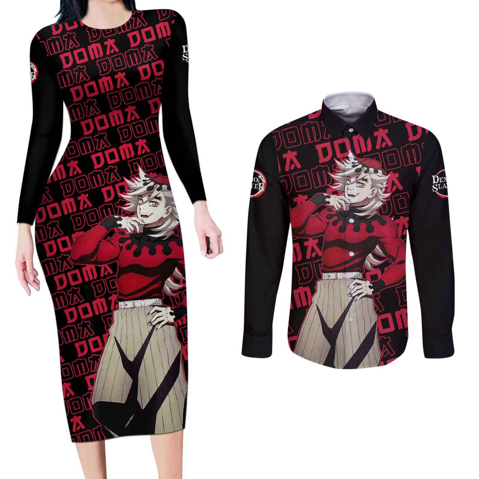 Doma - Demon Slayer Couples Matching Long Sleeve Bodycon Dress and Long Sleeve Button Shirt Anime Mix Pattern Style