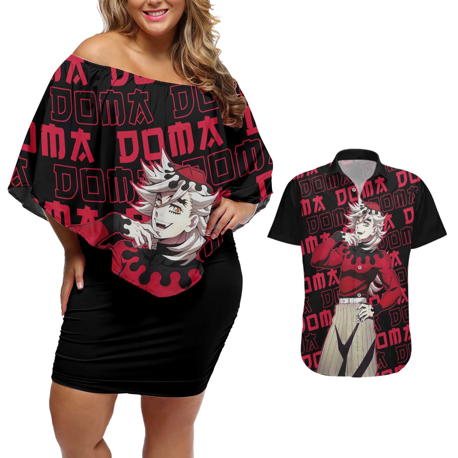Doma - Demon Slayer Couples Matching Off Shoulder Short Dress and Hawaiian Shirt Anime Mix Pattern Style