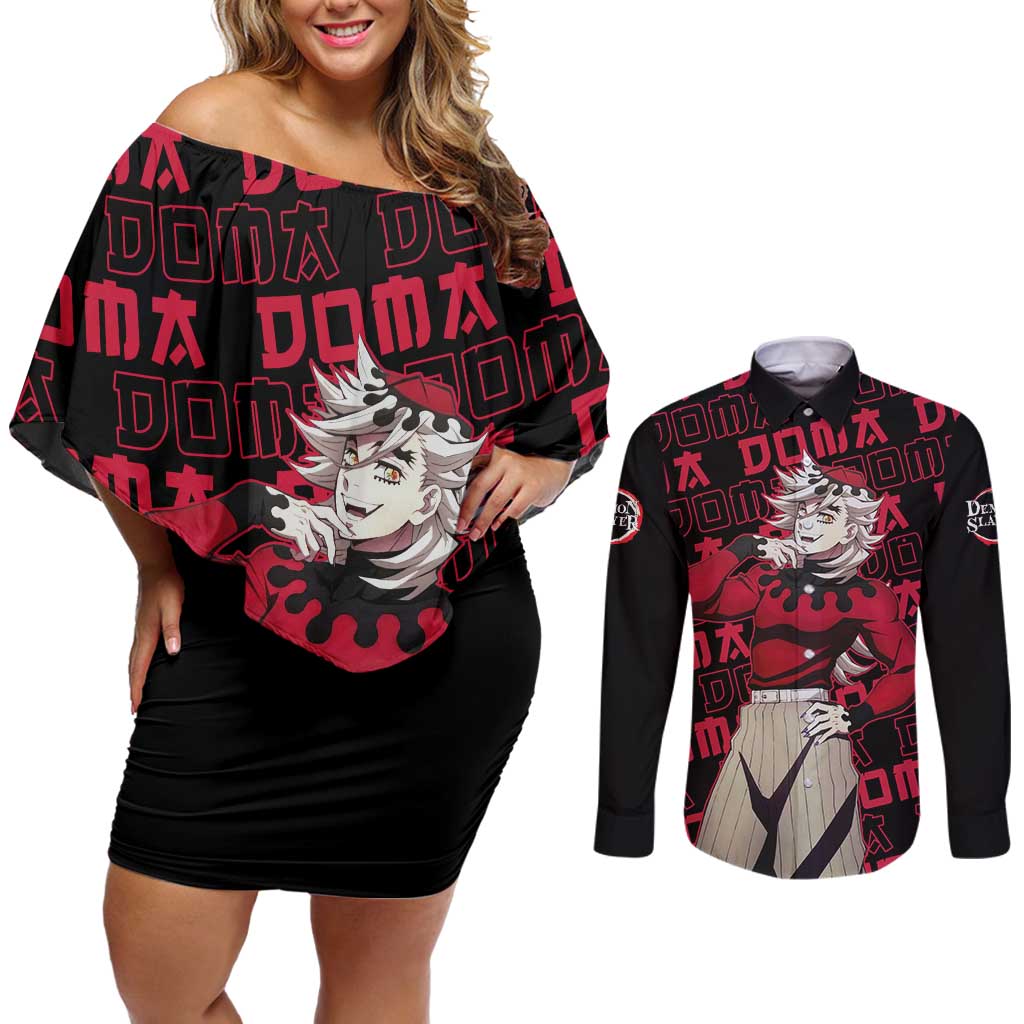 Doma - Demon Slayer Couples Matching Off Shoulder Short Dress and Long Sleeve Button Shirt Anime Mix Pattern Style